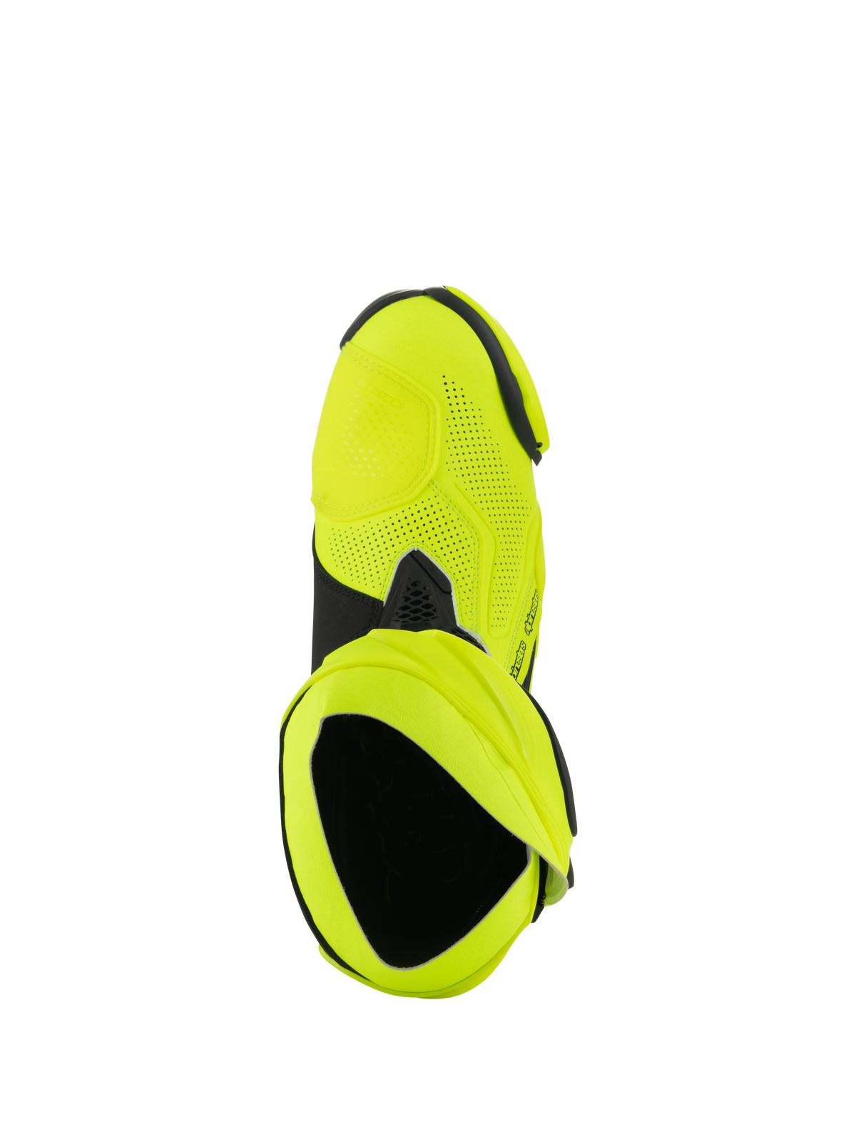 Alpinestars Supertech R Vented Stiefel, Rennsport-Motorradstiefel, Gelb Fluo und Schwarz, Draufsicht mit umfassenden Laserperforationen und Öffnung des Innenschuhs.