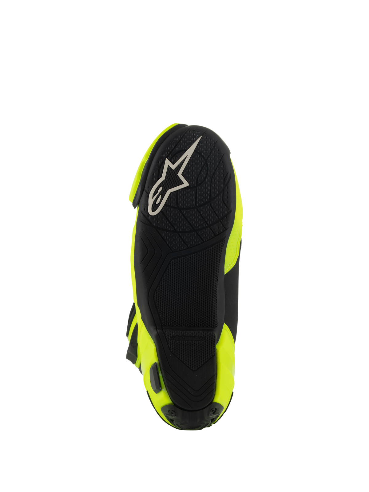 Alpinestars Supertech R Vented Boots, Unteransicht mit schwarzer Gummisohle, strukturiertes Profilmuster für Fußrasten, weißes A-Star-Logo, Rennsport-Motorradstiefel in Gelb Fluo und Schwarz