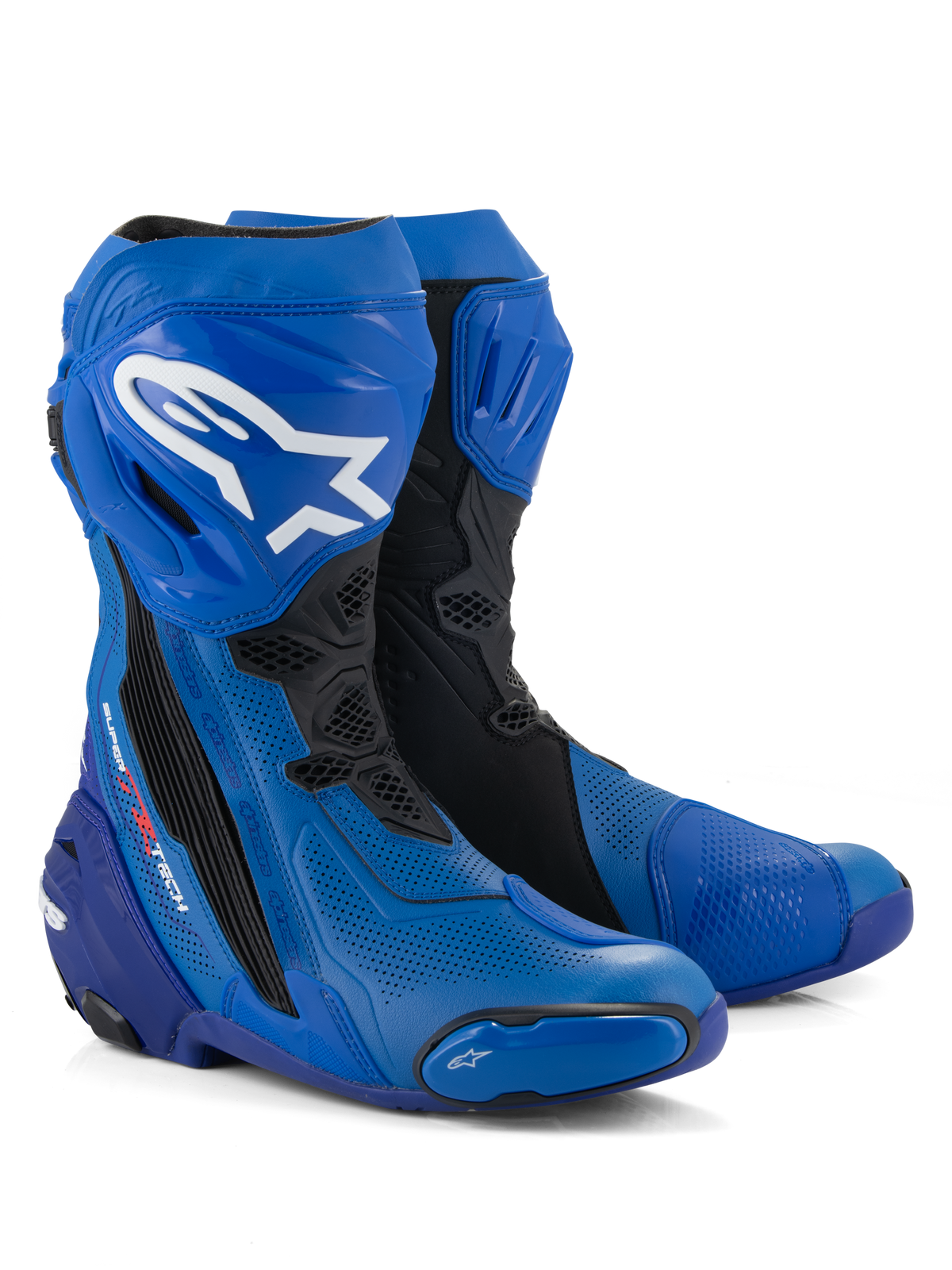 Alpinestars Supertech R Vented Boots, Motorcycle Racing Boots, Blue and Black, featuring perforated microfiber for airflow, white Alpinestars logo on the shin, protective TPU plates and sliders, professional track-ready design