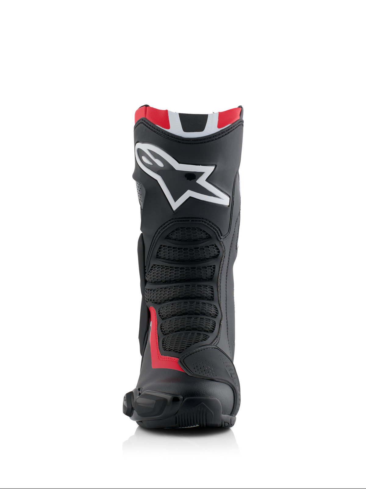 Alpinestars Honda SMX-6 V3 Stiefel, Performance-Motorradstiefel, Schwarz, leuchtendes Rot und Weiß, Vorderansicht mit großem weißen Alpinestars-Logo auf dem Schienbein, strukturierten Mesh-Flexzonen und aerodynamischem Schutzprofil