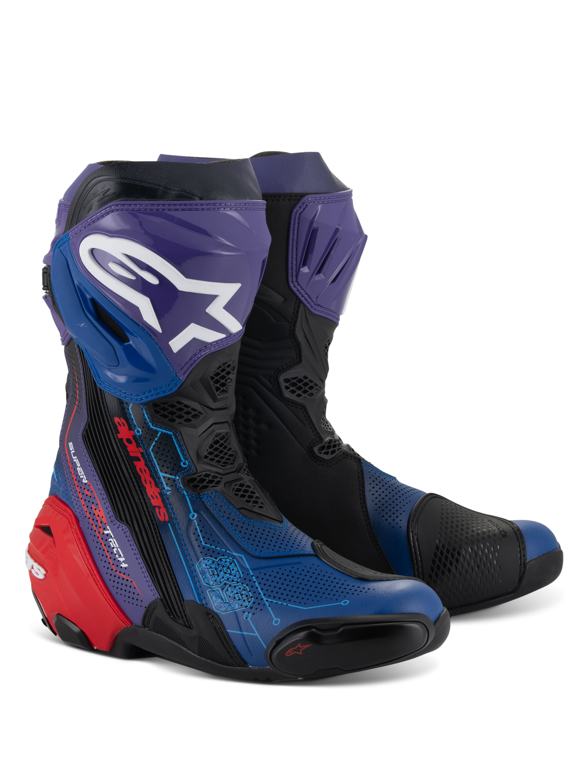 Alpinestars Supertech R LE Martinator R01 Vented Boots, Racing Motorcycle Boots, Blue Purple Red and Black, featuring extensive perforations for airflow, white Astars logo on a purple shin guard, red heel protector, and technical racing design.