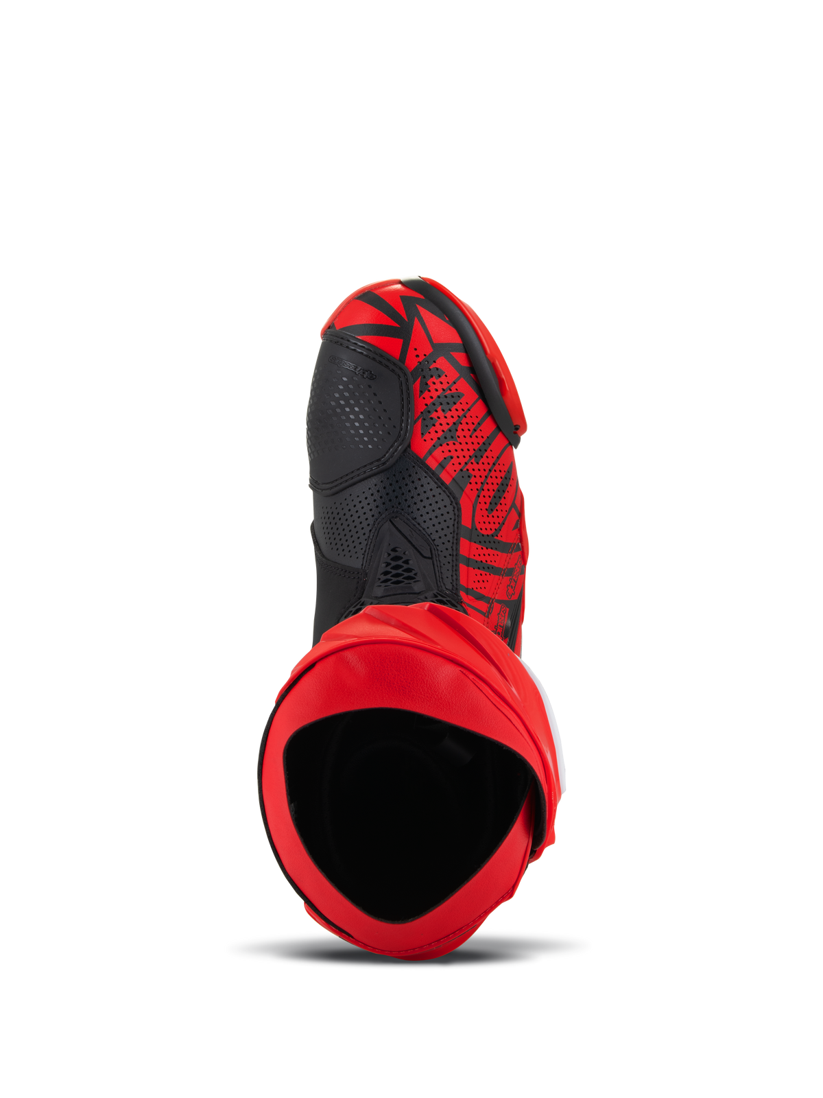 Alpinestars Supertech R LE Pecco Bagnaia Belüftete Stiefel, Rot und Schwarz, Draufsicht mit Innenansicht der Öffnung und perforiertem Mikrofaser-Obermaterial, auffälliges Grafikdesign mit schwarzen Akzenten, professionelle Motorrad-Rennausrüstung