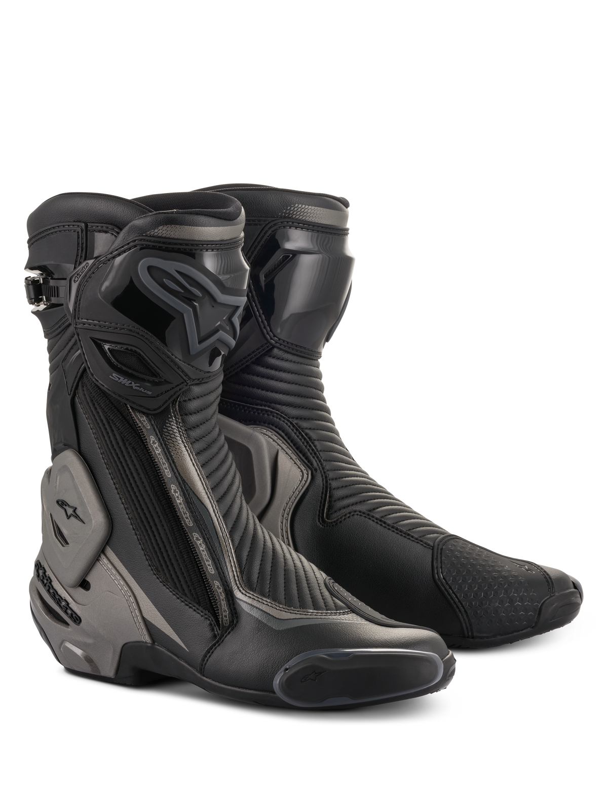 Alpinestars SMX Plus V2 Stiefel, Renn- und Sport-Motorradstiefel, Schwarz und Dunkelgrau, mit fortschrittlichem Multi-Link Control Knöchelschutz, TPU-Schienbeinplatte und austauschbaren Schleifern, stromlinienförmige Mikrofaser-Konstruktion für die Straße