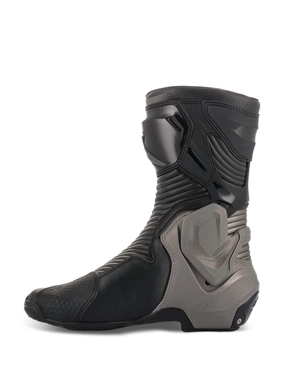 Alpinestars SMX Plus V2 Stiefel, Motorrad-Rennstiefel, Schwarz und Dunkelgrau, Seitenprofil mit Obermaterial aus Mikrofaser, Akkordeon-Flex-Einsätzen und grauem Multi-Link Control Knöchelschutzsystem