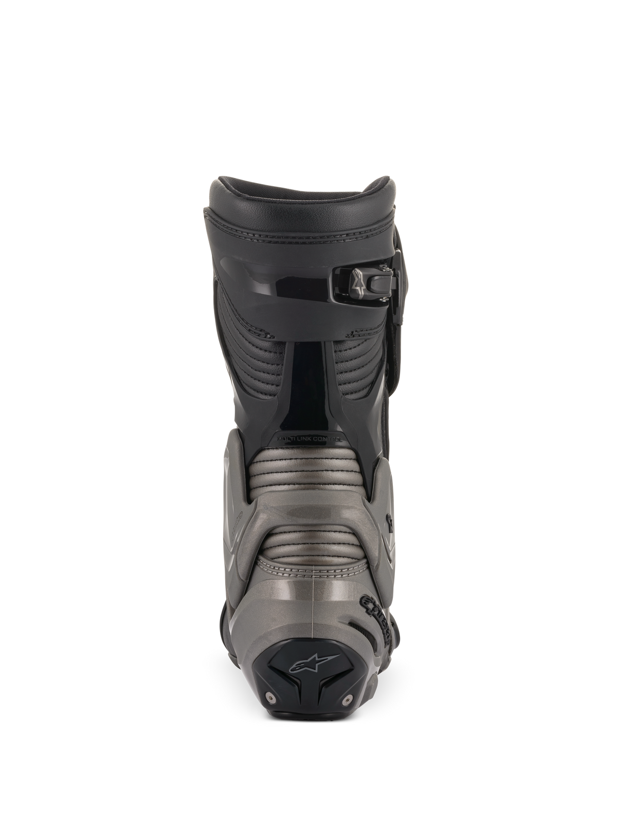 Alpinestars SMX Plus V2 Stiefel, Schwarz und Dunkelgrau, Rückansicht mit Multi-Link Control-System, Achilles-Akkordeon-Panelen und mikroverstellbarem Ratschenverschluss oben für fortschrittlichen Motorradschutz.