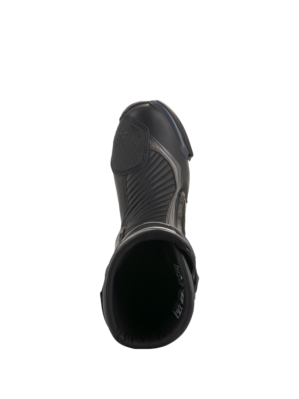 Alpinestars SMX Plus V2 Stiefel, Schwarz und Dunkelgrau, Draufsicht eines einzelnen Motorrad-Rennstiefels, mit strukturierter Schaltverstärkung, Akkordeon-Flexzonen und oben offenem Design, schlankes Performance-Schuhwerk für den Straßeneinsatz