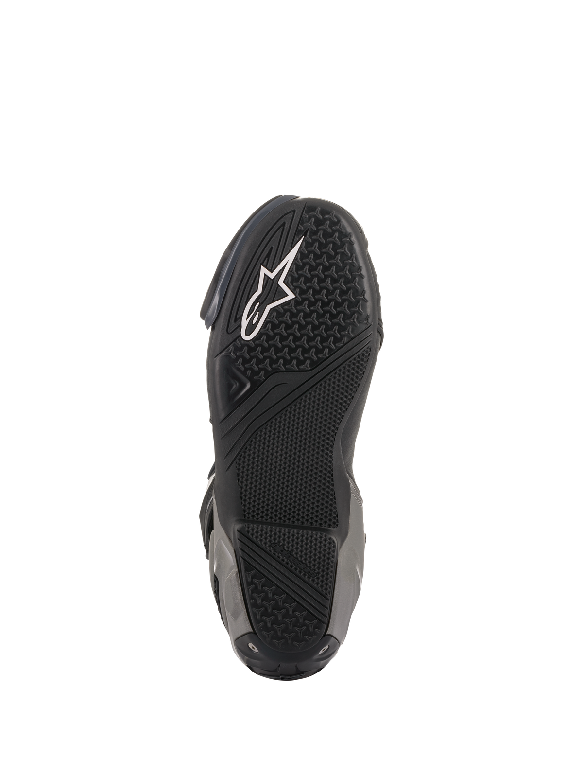 Alpinestars SMX Plus V2 Stiefel, Rennsport/Sport-Motorradstiefel, Schwarz und Dunkelgrau, Unteransicht der texturierten Gummisohle mit weißem Astar-Logo und speziellen Grip-Zonen für Traktion auf den Fußrasten.