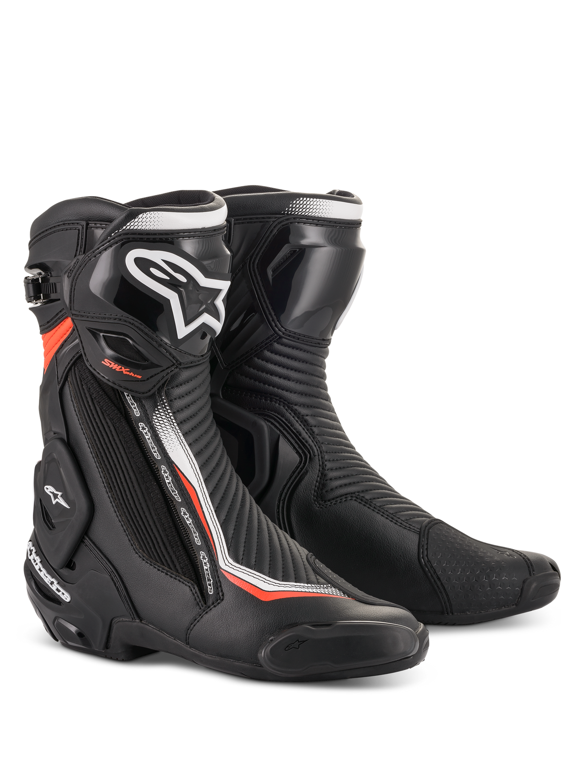 Alpinestars SMX Plus V2 motorcycle racing boots in black and red fluorescent with advanced TPU protection.