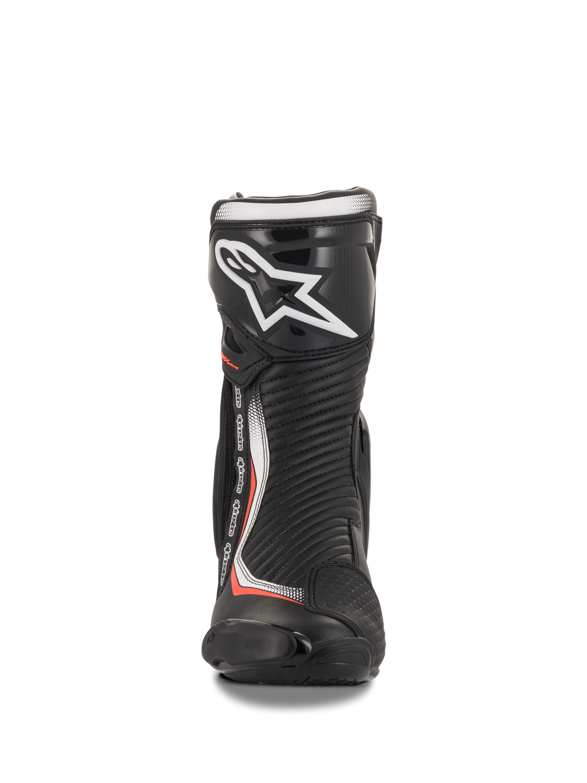 Alpinestars SMX Plus V2 Boots, Black and Red Fluorescent Motorcycle Racing Boots, microfiber with TPU shin plate, front view.