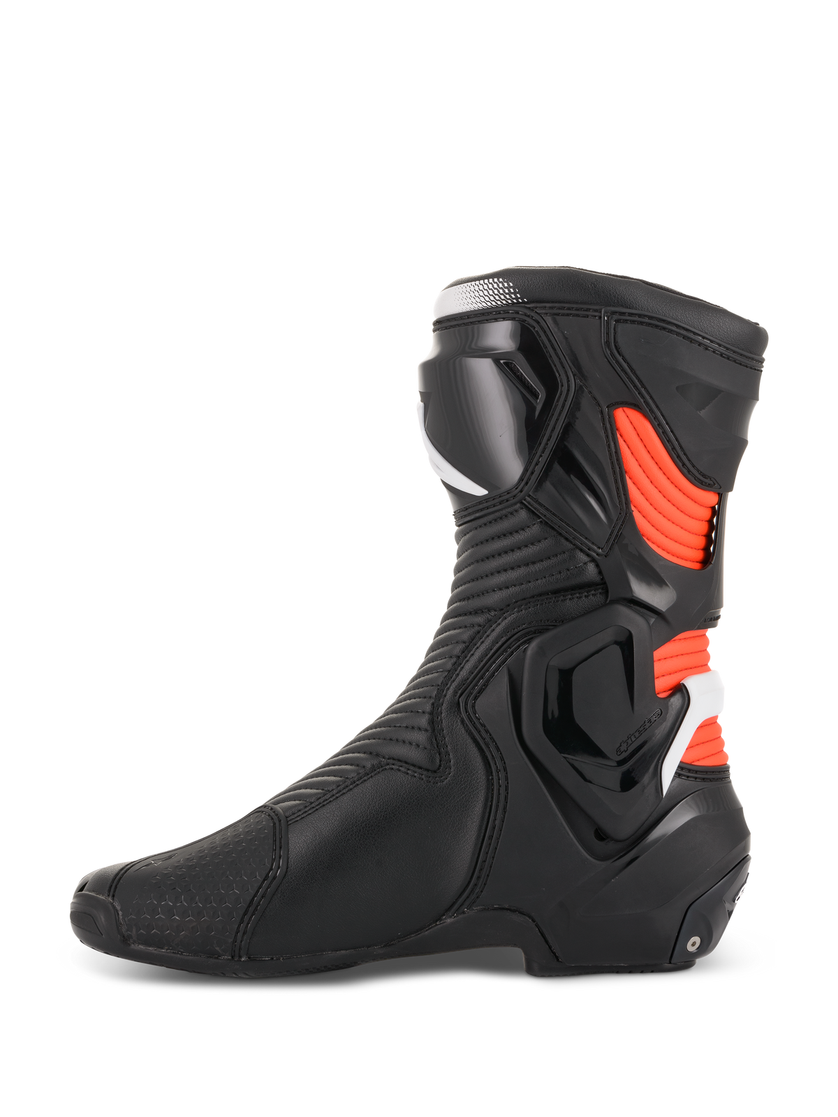 Alpinestars SMX Plus V2 Boots, Motorcycle Racing Boots, Men's, Black and Red Fluorescent, side profile with TPU protectors.