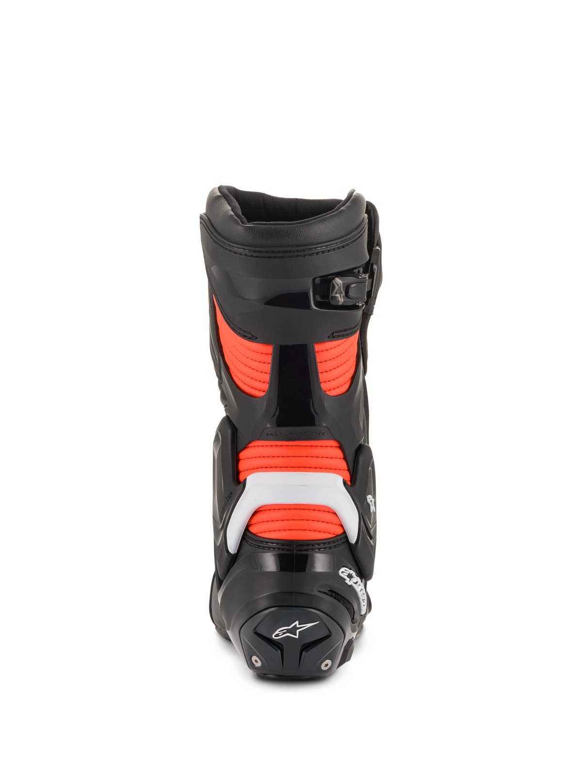 Alpinestars SMX Plus V2 men's racing boots in black and red fluo, with white TPU protection and accordion flex zones.
