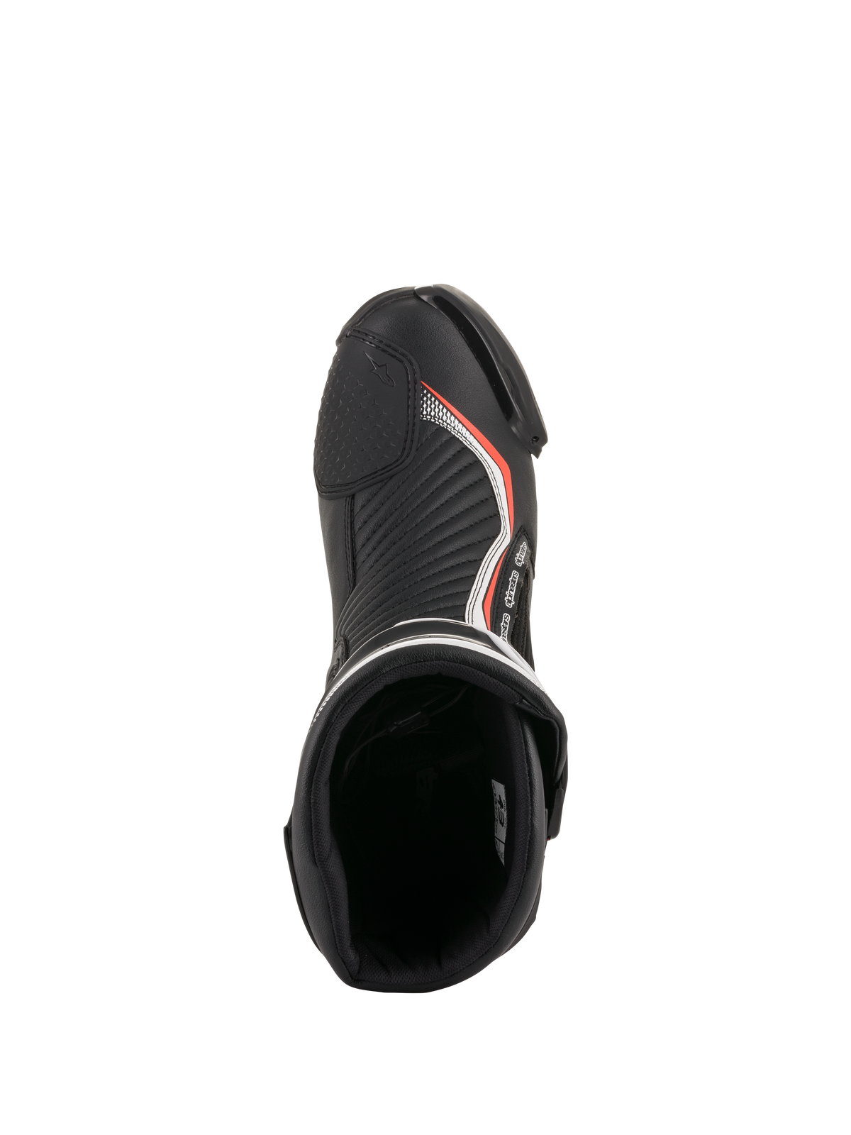 Alpinestars SMX Plus V2 Boots, Black and Red Fluo racing boots, top-down view of the padded interior and toe area.