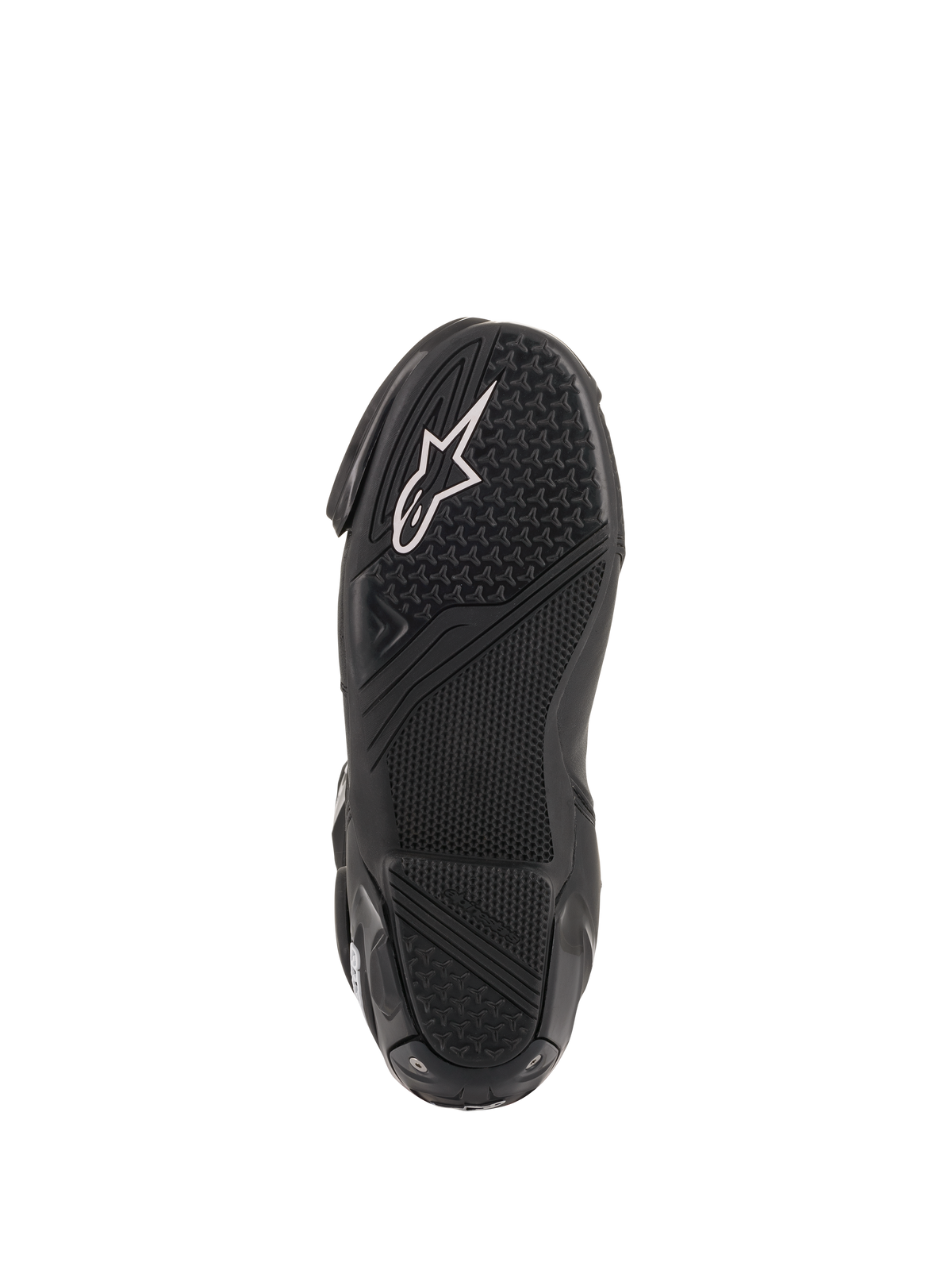 Alpinestars SMX Plus V2 racing boots featuring a black textured rubber sole with a white logo and high-grip pattern.