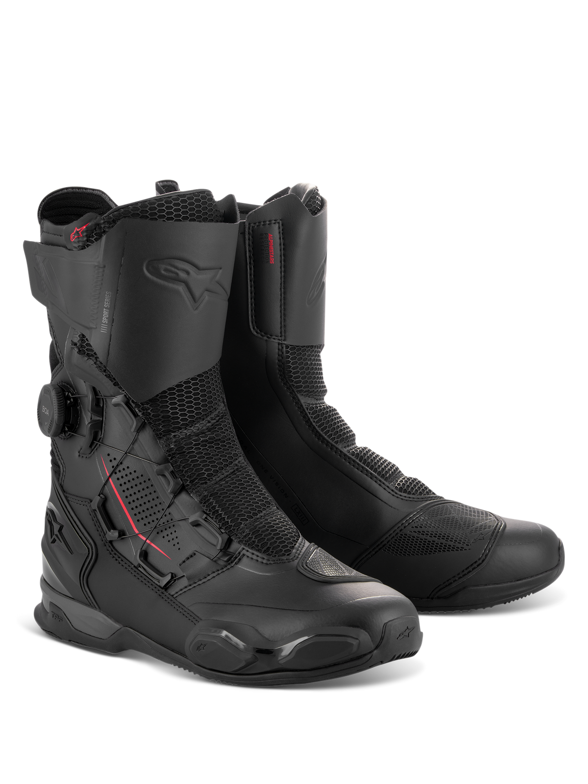 Alpinestars SP-X BOA® Boots, mid-height sport motorcycle boots in Black Black, featuring the side-mounted BOA Fit System dial, Rideknit mesh panels, and TPU protective reinforcements for road riding.