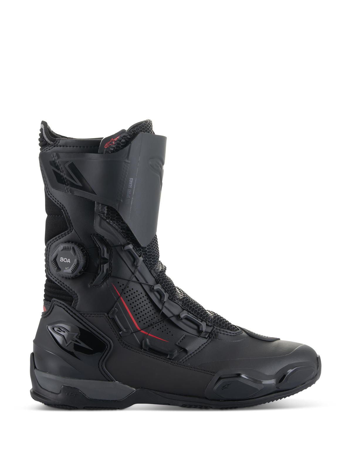 Alpinestars SP-X BOA® Boots, Motorcycle Sport Boots, Black with red accents, BOA® Fit System dial, mid-height construction with microfiber and mesh panels, TPU heel and toe protection, sleek road riding design