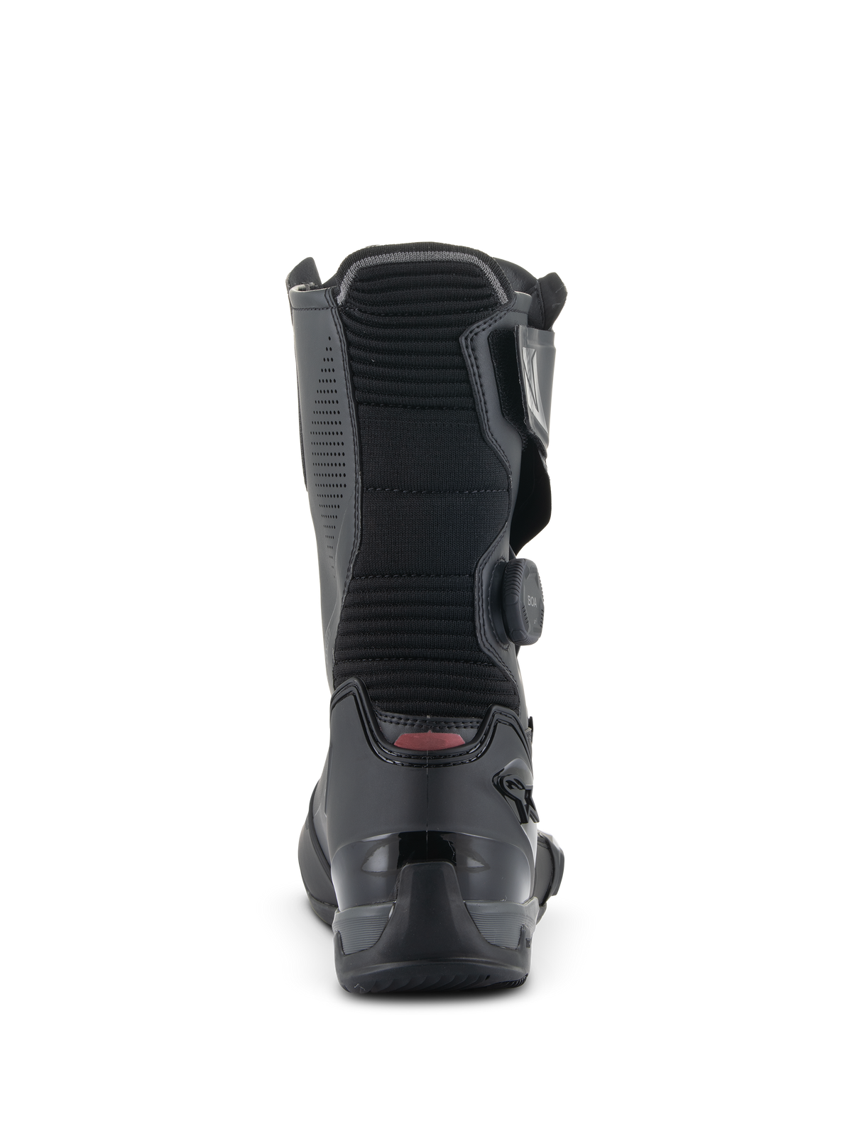 Alpinestars SP-X BOA Boots, Mid-Height Motorcycle Sport Boots, Black, Rear view highlighting the ribbed accordion flex panel, reinforced TPU heel counter, and side BOA Fit System dial