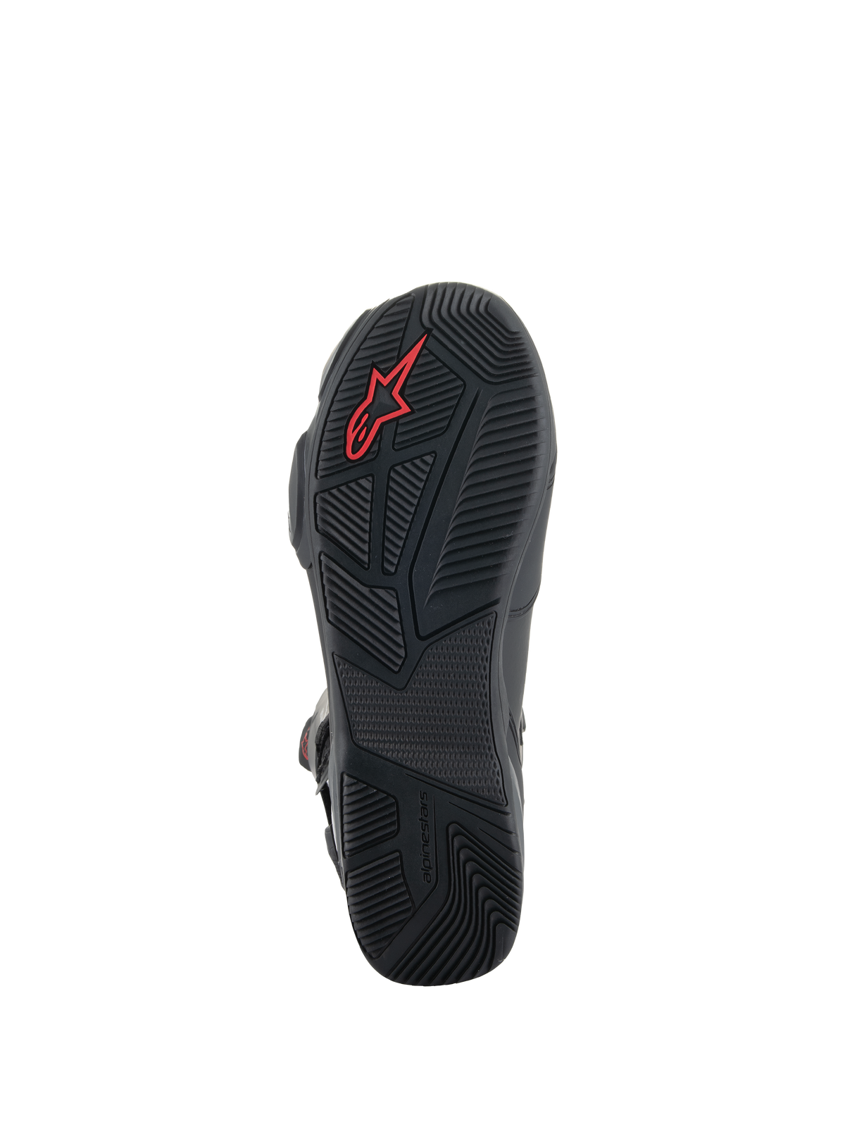 Alpinestars SP-X BOA® Boots, Black motorcycle boots, detailed view of the rubber sole featuring textured grip patterns, red Alpinestars logo, and asymmetric heel design for walking stability.