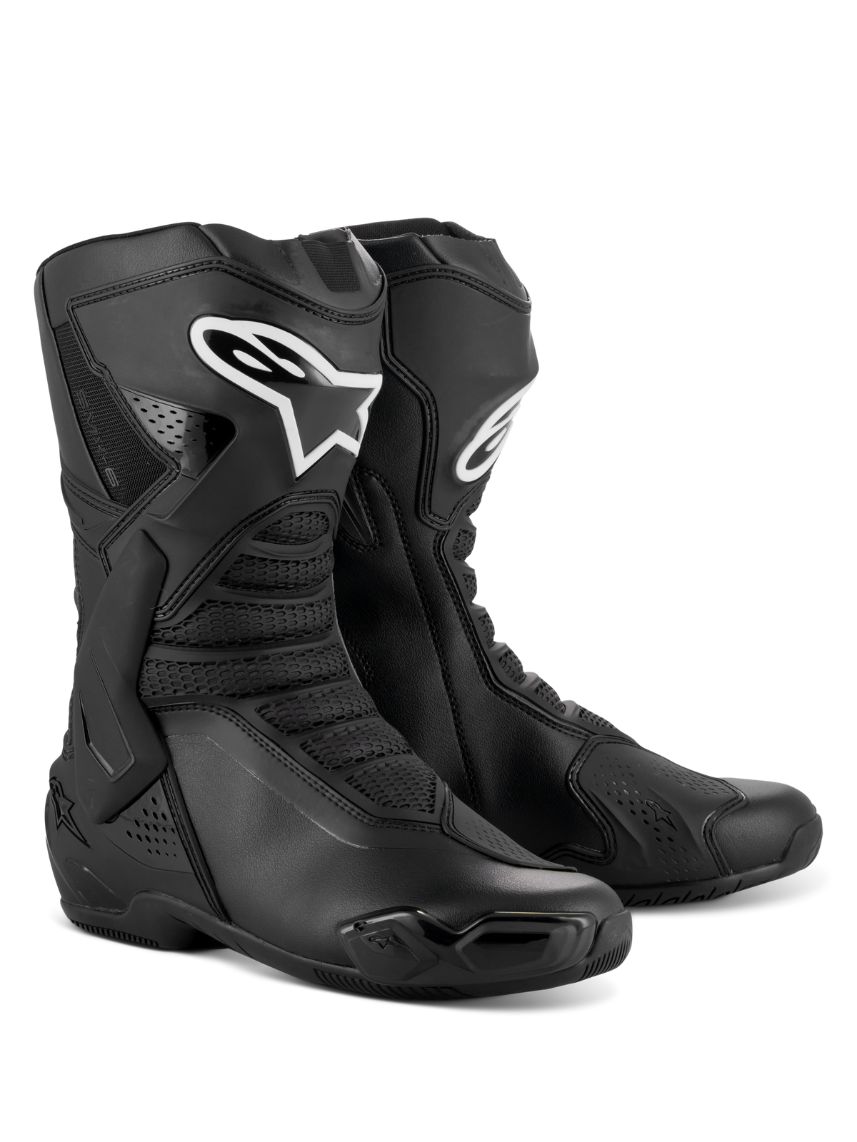 Alpinestars SMX-6 V3 Boots, Performance Motorcycle Riding Boots, Black, featuring TPU shin and ankle protection, flexible mesh panels, ergonomic design for sport and track riding, white Alpinestars logo on shin