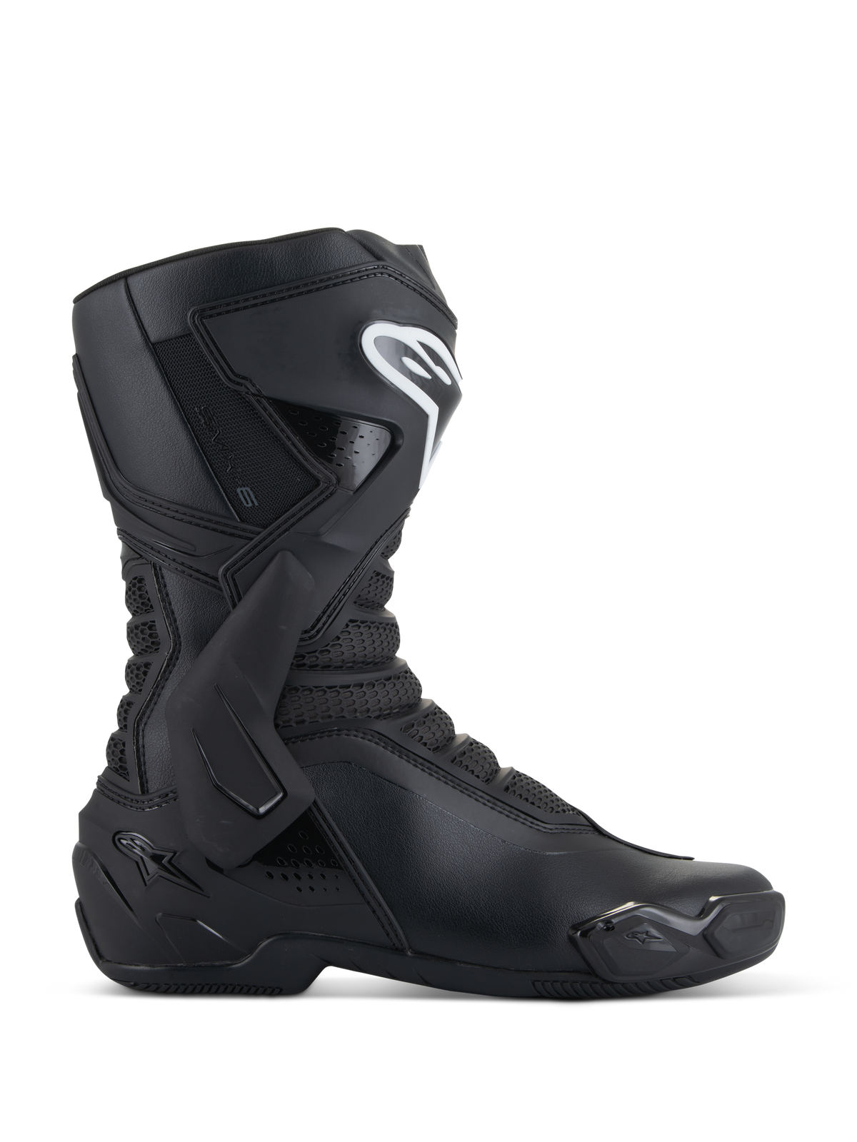 Alpinestars SMX-6 V3 Boots, Black Motorcycle Racing Boots, side profile view, microfiber upper with TPU lateral ankle brace and shin protection, white Alpinestars logo on shin, replaceable toe slider, performance sport riding footwear