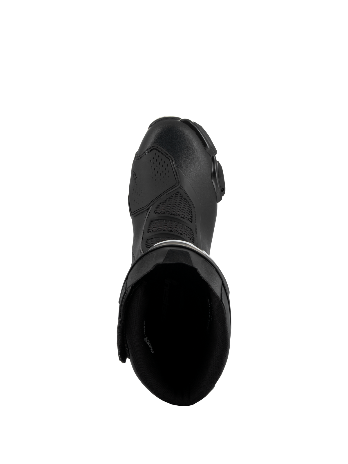 Alpinestars SMX-6 V3 Boots, Black, top-down view showing the interior opening and upper construction, performance motorcycle footwear featuring microfiber materials and mesh flex zones