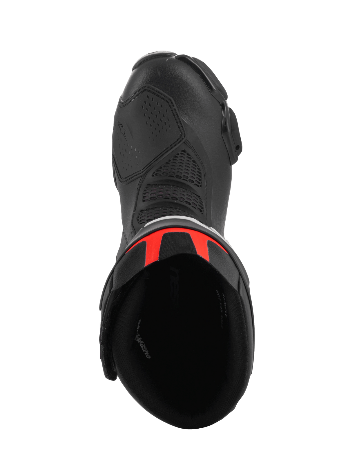 Alpinestars SMX-6 V3 Boots, Performance Riding Boots, Black and Red Fluo, top-down view looking into the boot opening, featuring black microfiber construction with bright red accents on the rear cuff, designed for track and street performance