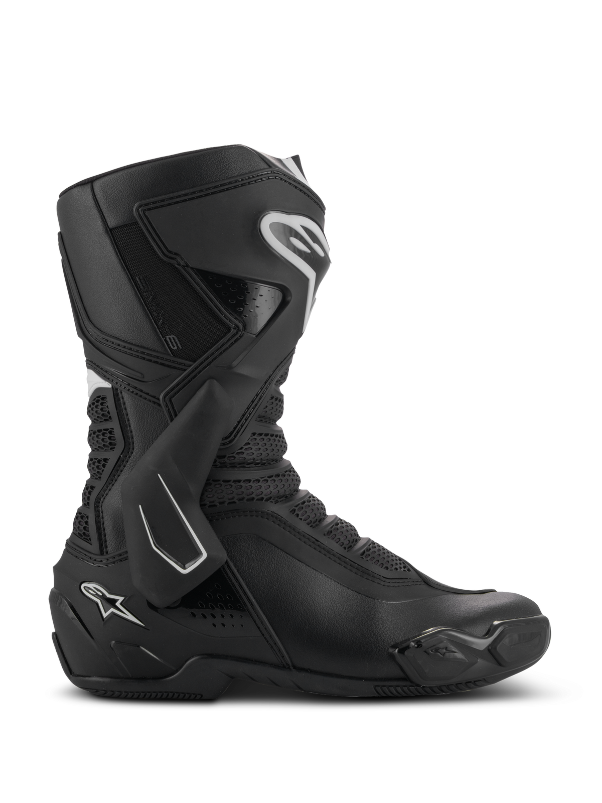 Alpinestars SMX-6 V3 Stiefel, Performance-Motorradstiefel, Schwarz mit weißen Akzenten, seitliche Profilansicht mit TPU-Knöchelschutzsystem, strukturierten Mesh-Flexzonen und verstärkten Fersen- und Zehenkomponenten für Rennstrecke und Straße.