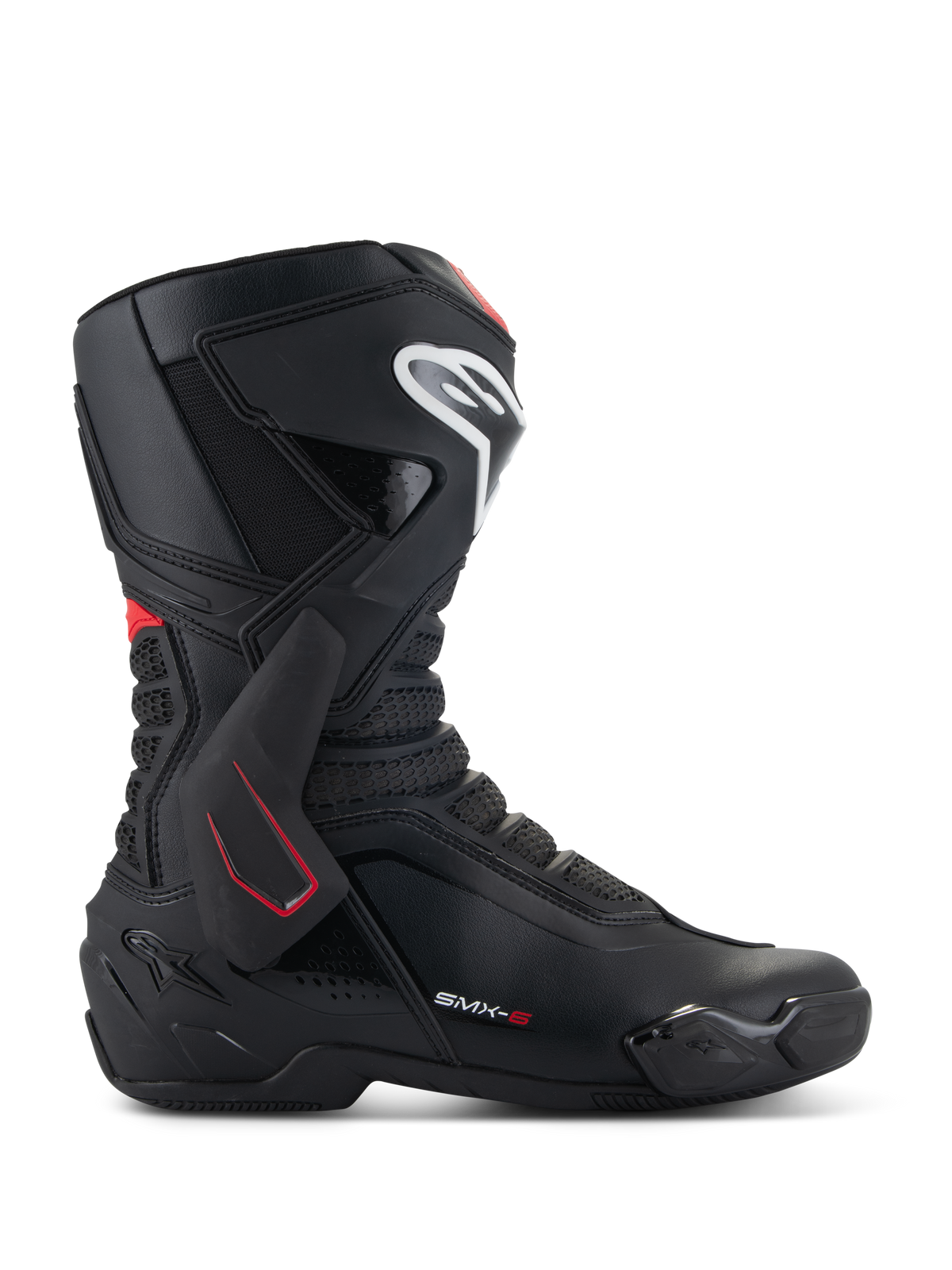 Alpinestars SMX-6 V3 Stiefel, Motorrad-Rennstiefel, Schwarz mit weißen und roten Akzenten, Seitenansicht mit TPU-Knöchelstütze, weißem Schienbein-Logo und texturierten Mesh-Flexzonen, sportliches aerodynamisches Design
