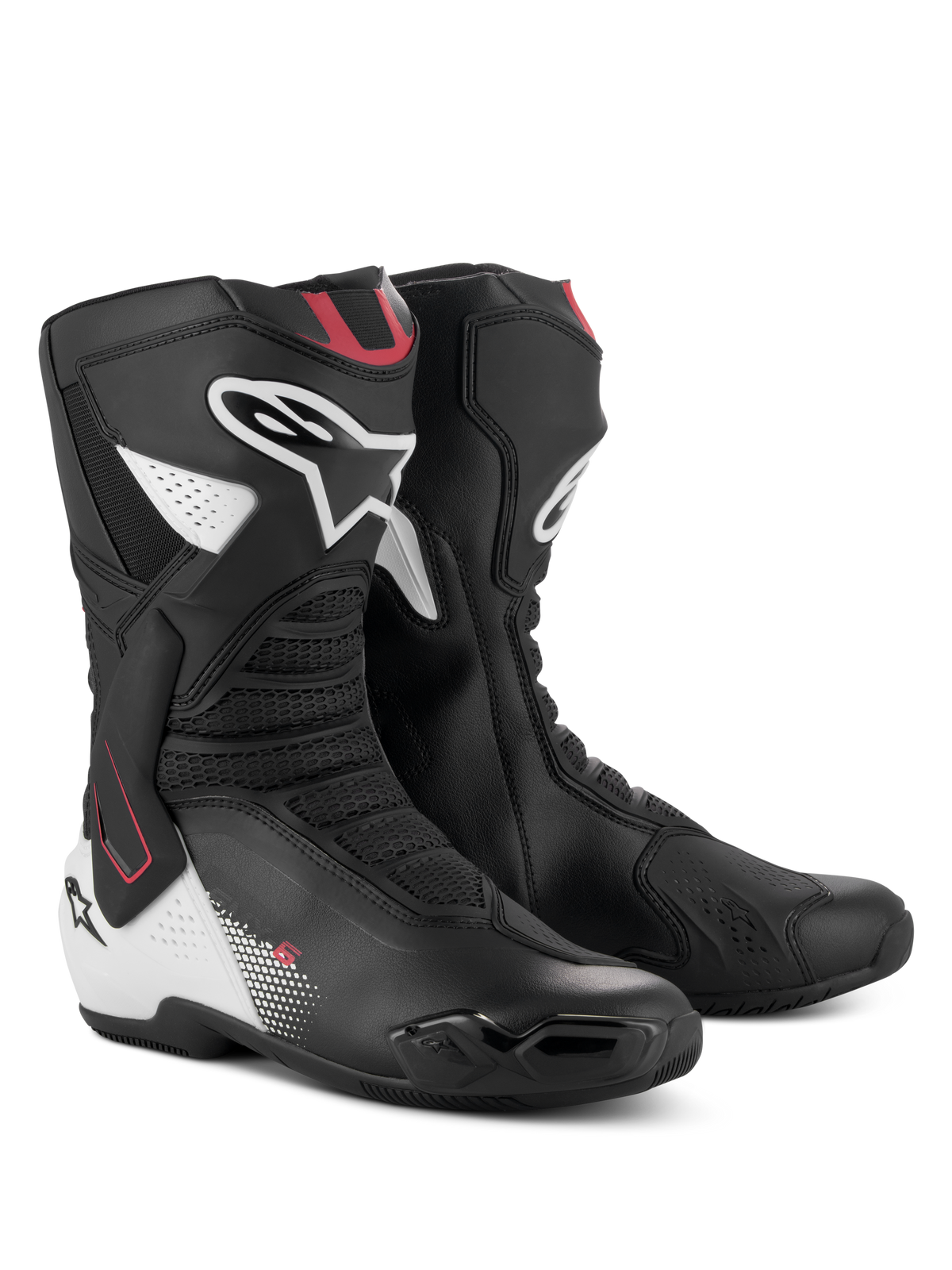 Alpinestars SMX-6 V3 Boots, Performance Motorcycle Riding Boots, Black White Red Graphic, featuring advanced microfiber upper, TPU ankle brace system, mesh flexion zones, and prominent Alpinestars branding on the calf and heel.