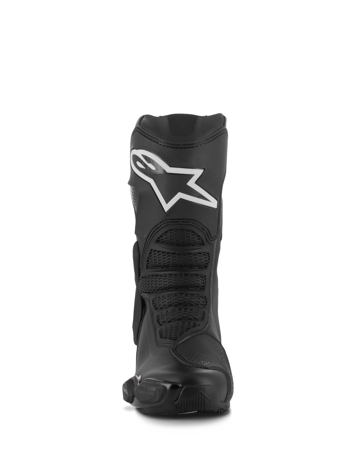 Alpinestars Stella SMX-6 V3 Stiefel, Performance-Motorradstiefel für Damen, Schwarz mit weißem Alpinestars-Logo, Vorderansicht mit TPU-Schienbeinprotektor und flexiblen Mesh-Zonen, strapazierfähige Mikrofaser-Konstruktion