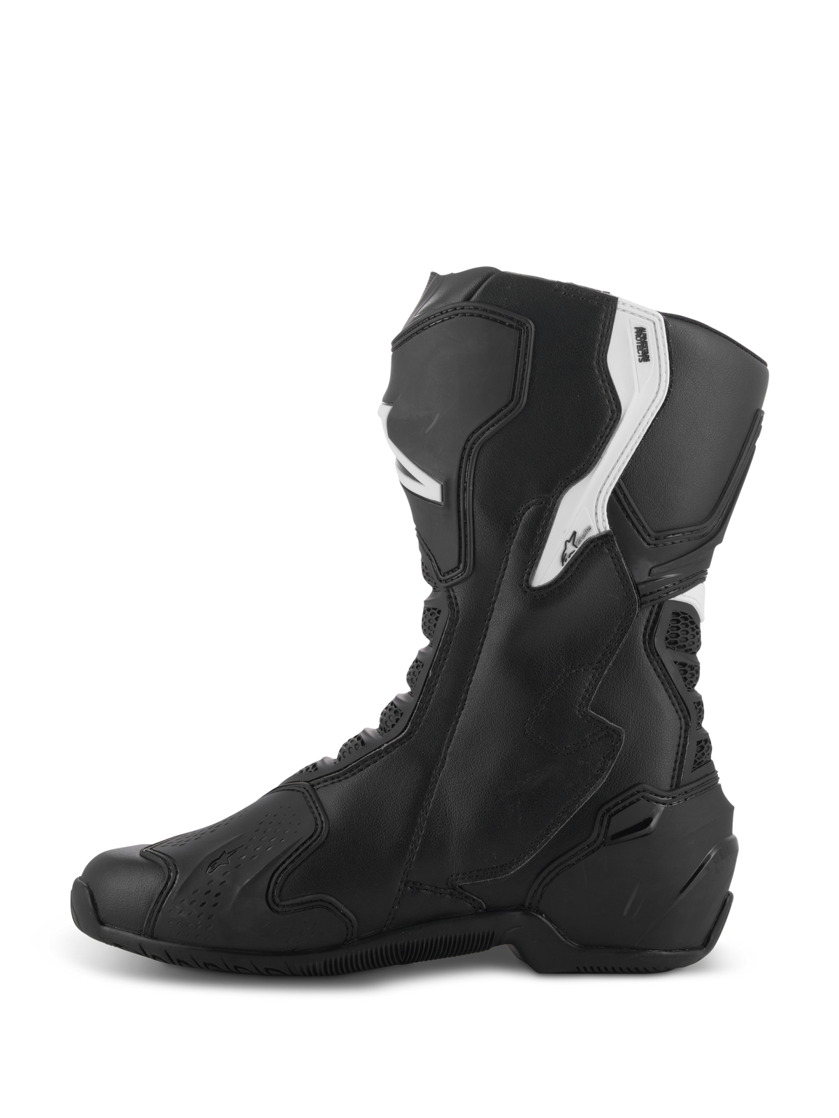 Alpinestars Stella SMX-6 V3 Stiefel, Performance-Motorradstiefel für Damen, Schwarz und Weiß, mediale Seitenansicht mit ergonomischem Mikrofaser-Obermaterial, TPU-Schienbein- und Knöchelschutz, flexiblen Mesh-Zonen und stromlinienförmigem Design für Rennstrecke und Straße