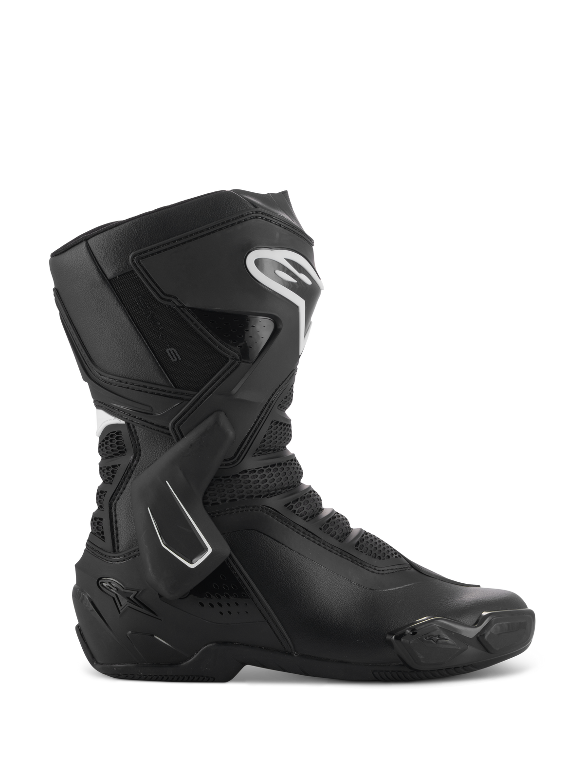Alpinestars Stella SMX-6 V3 Stiefel, Damen-Motorradstiefel, Schwarz und Weiß, Seitenansicht mit TPU-Knöchelstütze und Schienbeinschützern, atmungsaktive Mesh-Einsätze, weißes Alpinestars-Logo vorne, entwickelt für Performance auf Rennstrecke und Straße