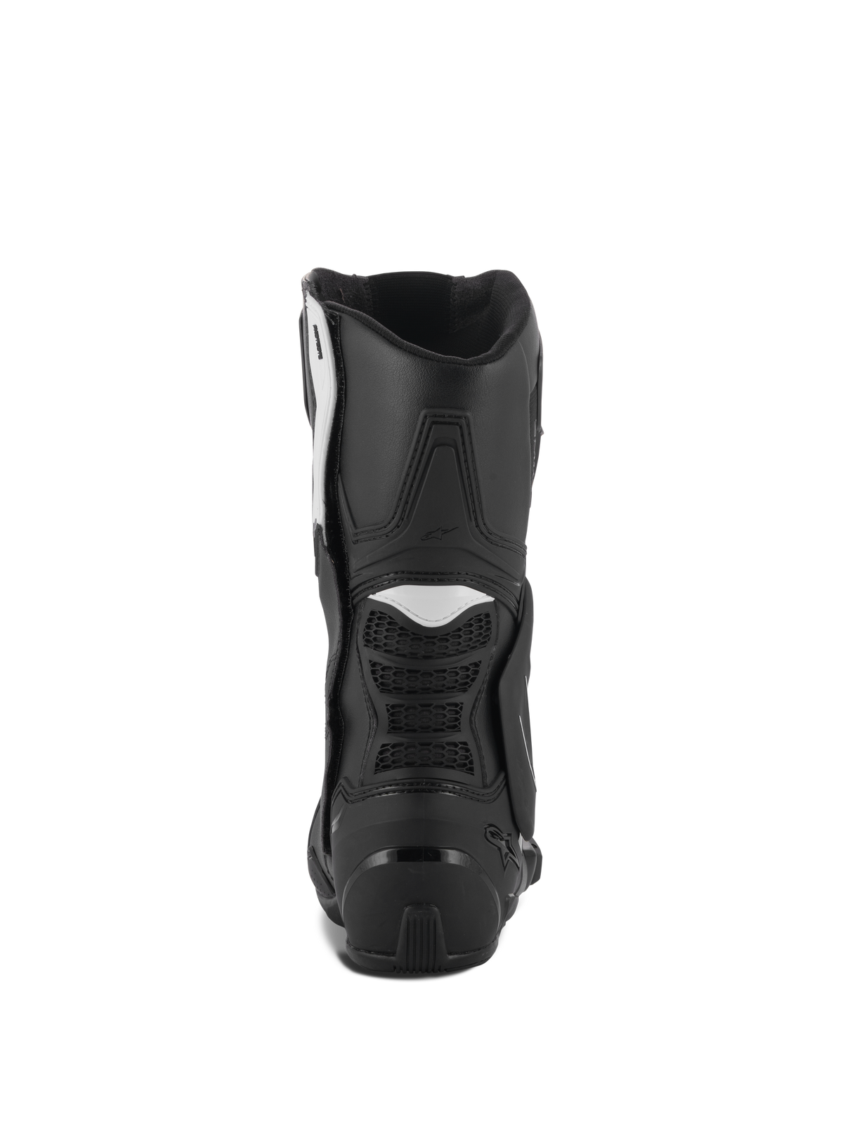 Alpinestars Stella SMX-6 V3 Stiefel, Damen-Motorradstiefel, Schwarz und Weiß, Rückansicht mit TPU-Fersenschale und flexiblen Akkordeon-Einsätzen, langlebiges Performance-Design