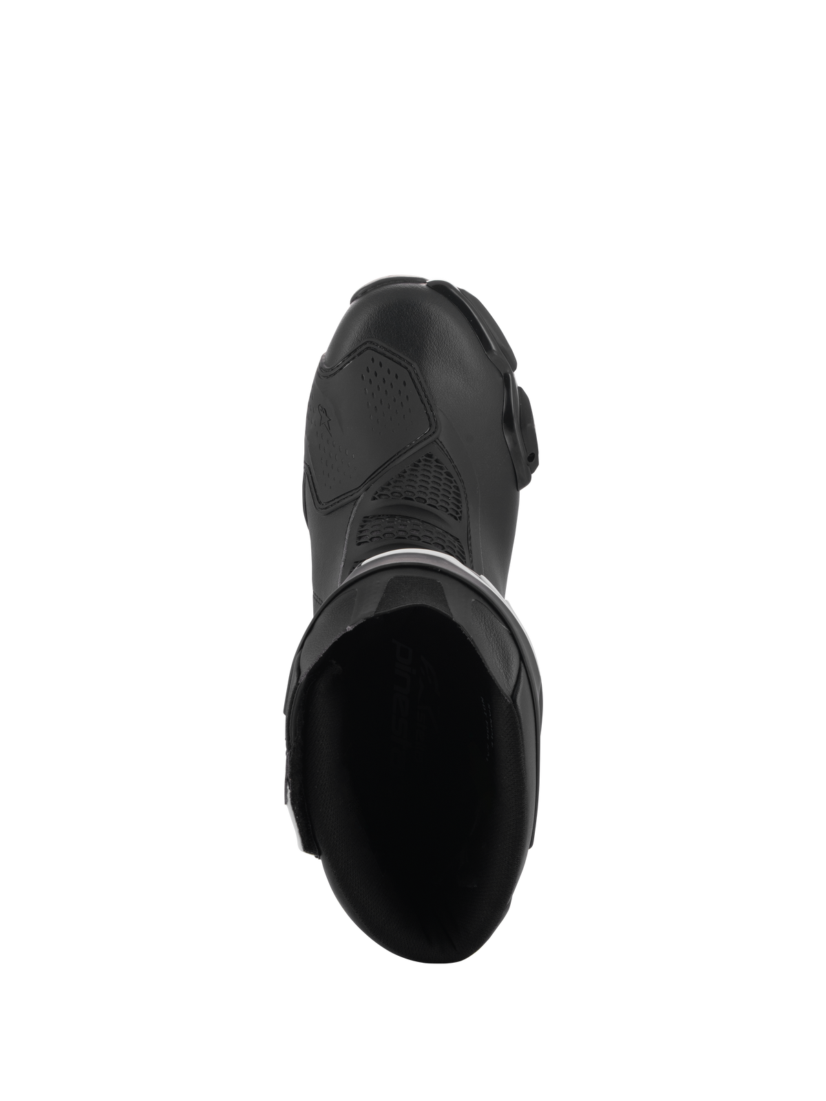 Alpinestars Stella SMX-6 V3 Stiefel, Performance-Motorradstiefel für Damen, Schwarz, Draufsicht mit Darstellung der inneren Öffnung, der verstärkten Schaltzone und des stromlinienförmigen ergonomischen Designs.