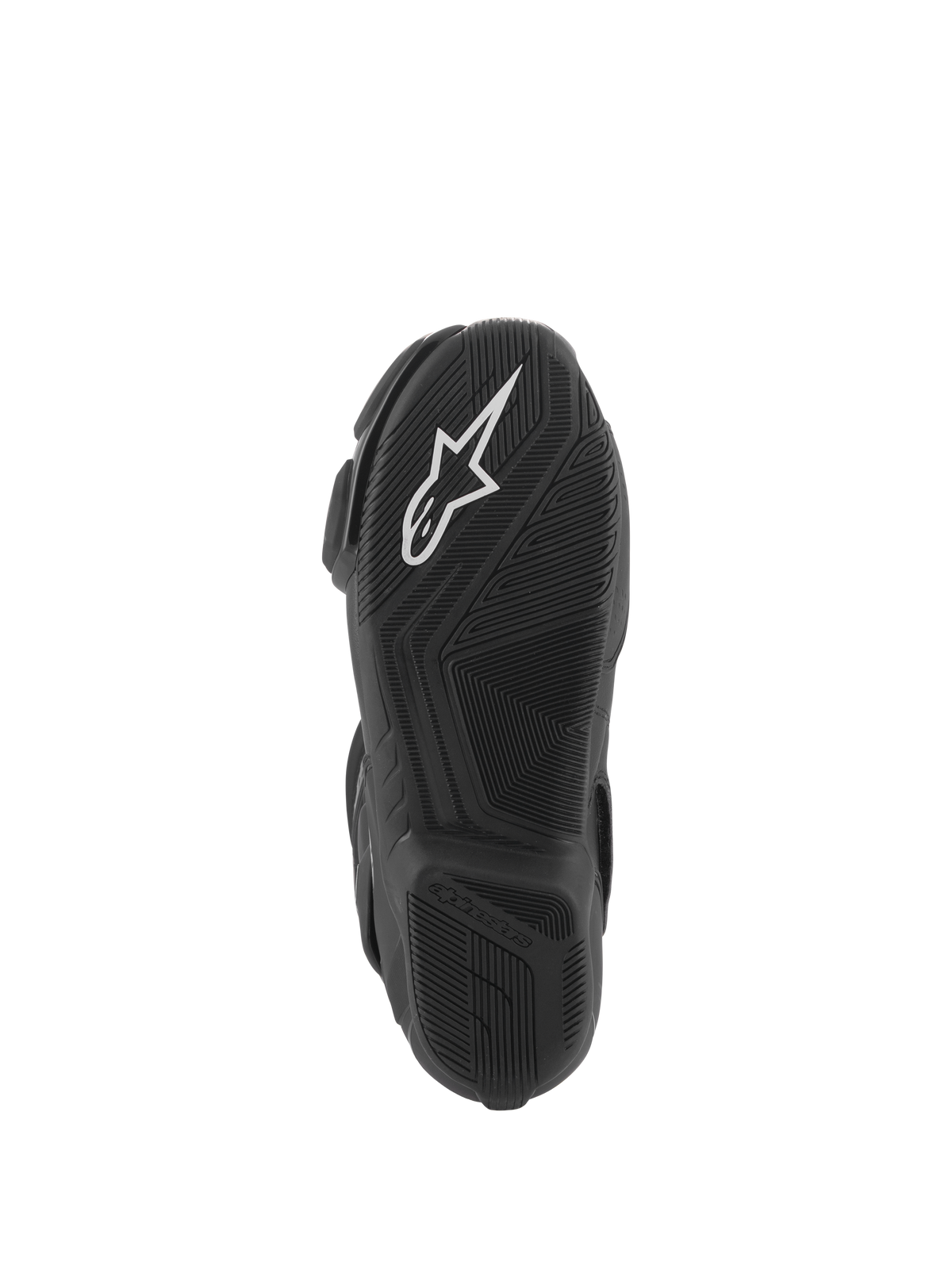 Alpinestars Stella SMX-6 V3 Stiefel, Sohlenansicht, schwarze leichte Gummimischung mit strukturiertem Profil, weißes Alpinestars-Logo, konzipiert für Rennstrecken- und Straßenperformance
