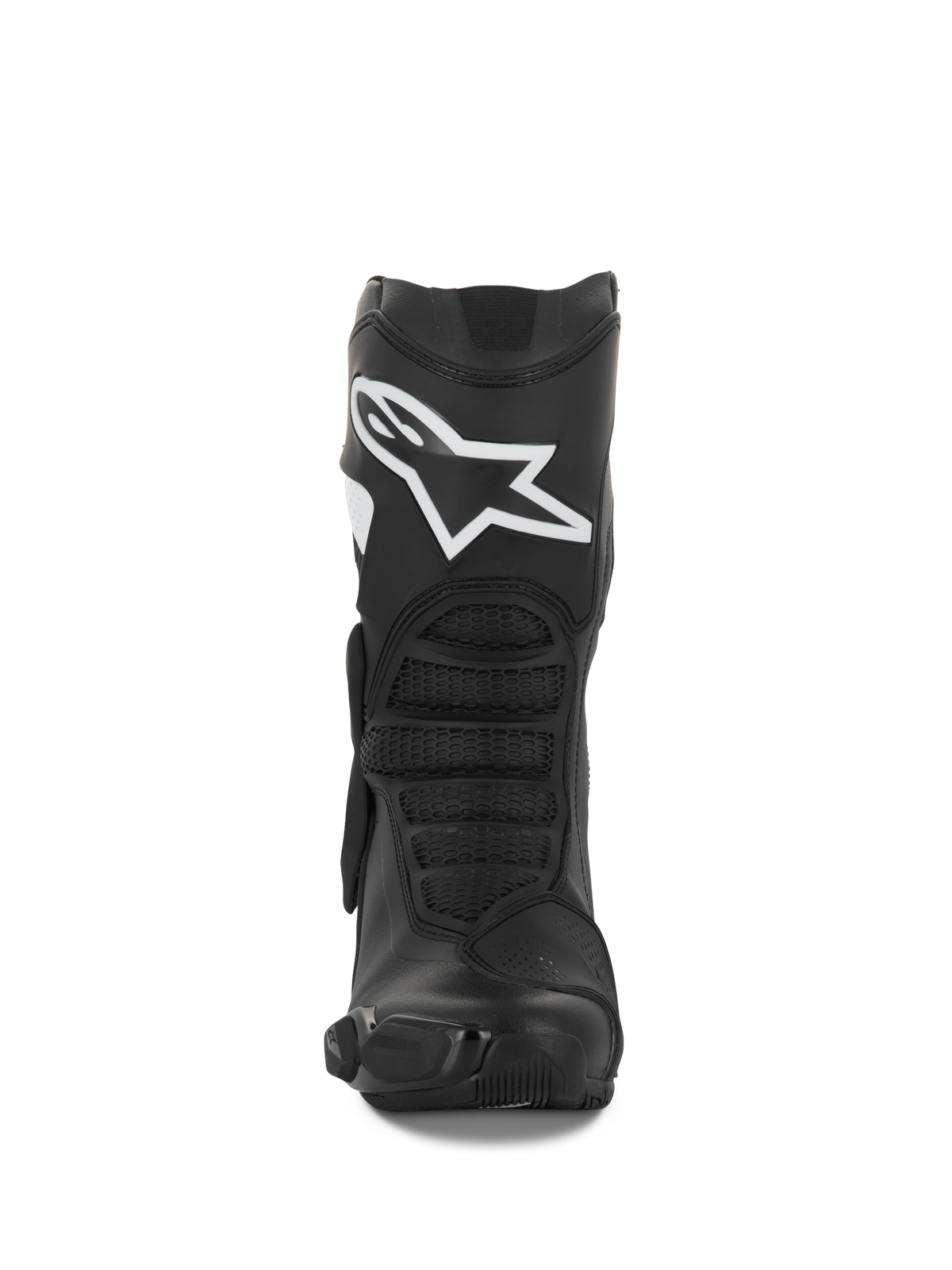 Alpinestars Stella SMX-6 V3 Stiefel, Damen-Motorradstiefel, Schwarz und Weiß, Vorderansicht mit weißem Alpinestars-Logo auf dem Schienbein, TPU-Schutz und ergonomischen Flex-Zonen, entwickelt für Performance auf Rennstrecke und Straße.