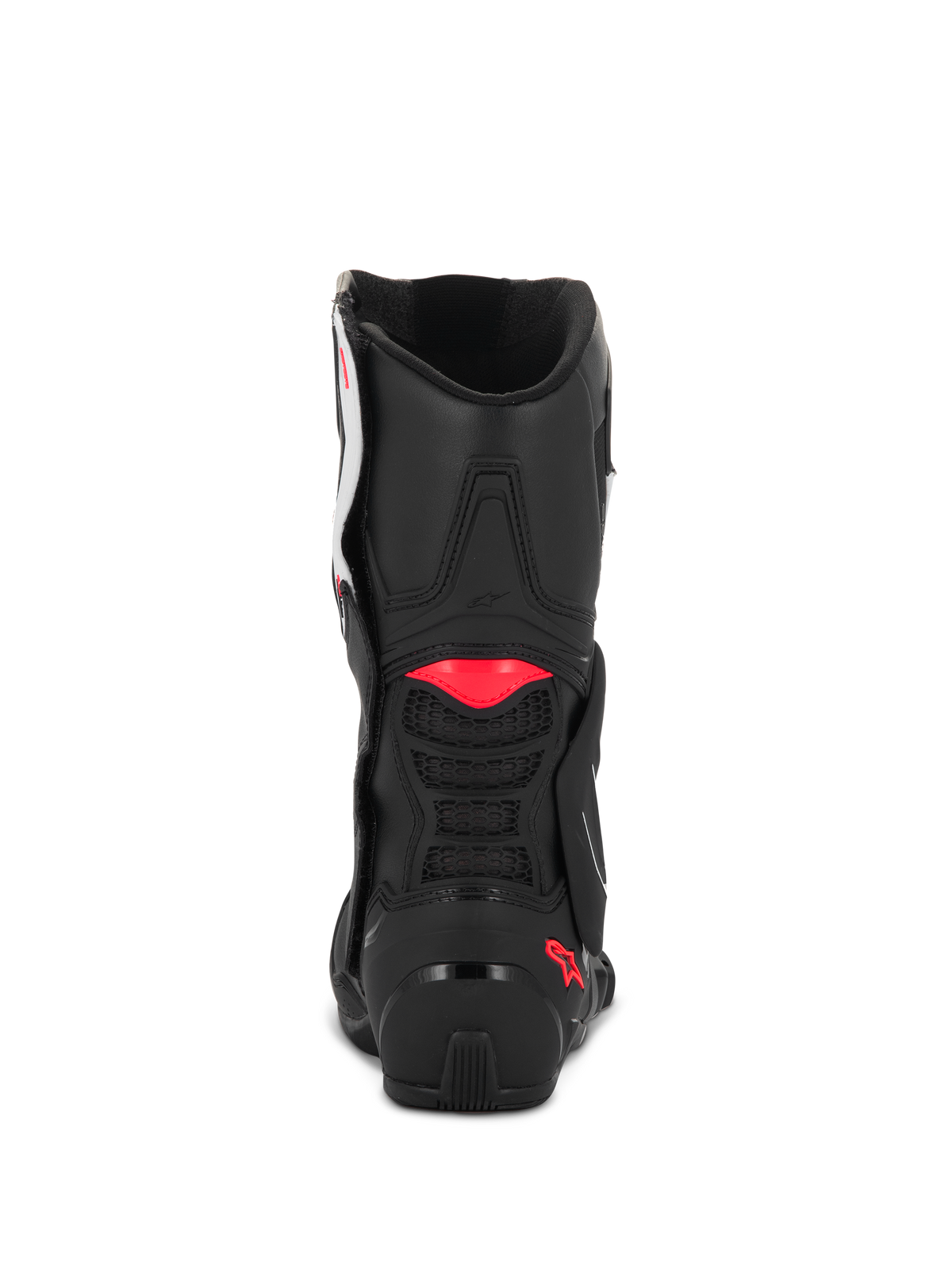 Alpinestars Stella SMX-6 V3 Stiefel, Schwarz Weiß Diva Pink, Rückansicht zeigt schwarze Mikrofaser-Konstruktion, pinkfarbene TPU-Akzente an Wade und Ferse und integrierte Mesh-Belüftung für sportliche Fahrperformance