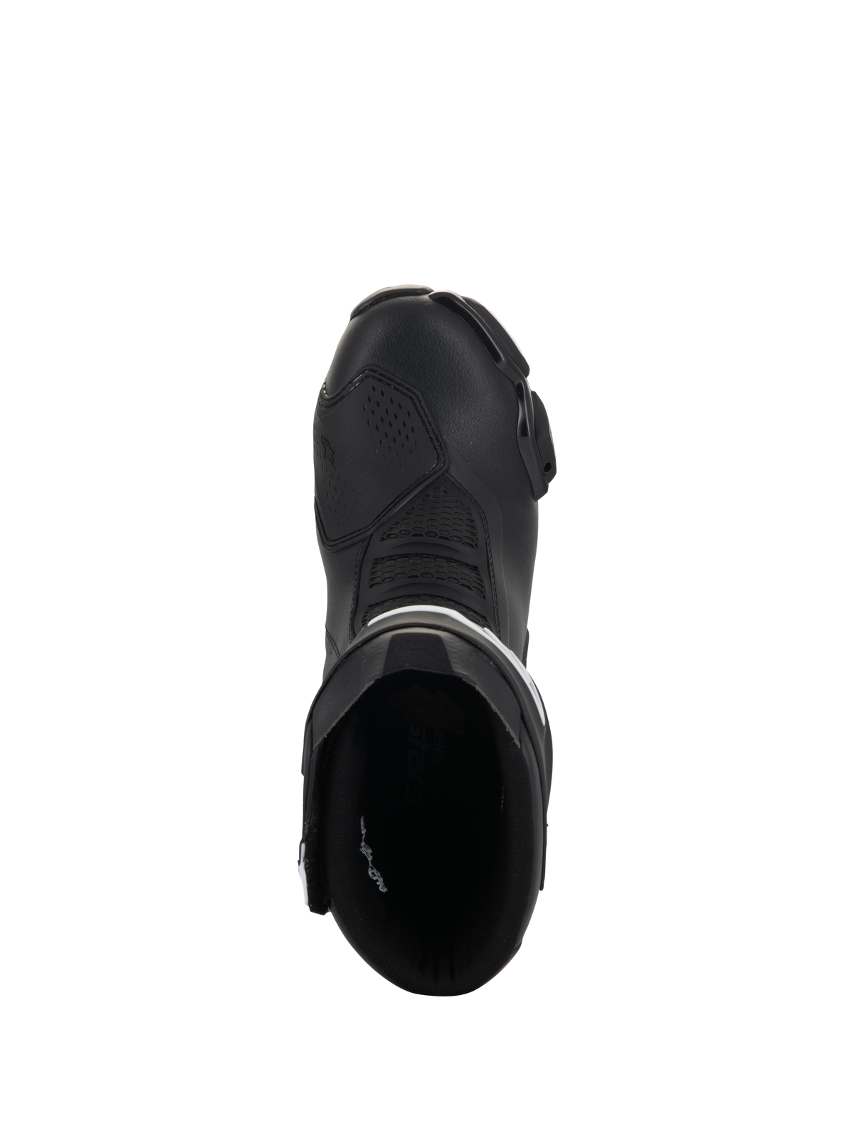 Alpinestars Stella SMX-6 V3 Stiefel, Damen-Renn- und Sport-Motorradstiefel, Schwarz und Weiß, Draufsicht, die die Einstiegsöffnung und die stromlinienförmige Zehenbox zeigt, strapazierfähige Mikrofaser-Konstruktion.