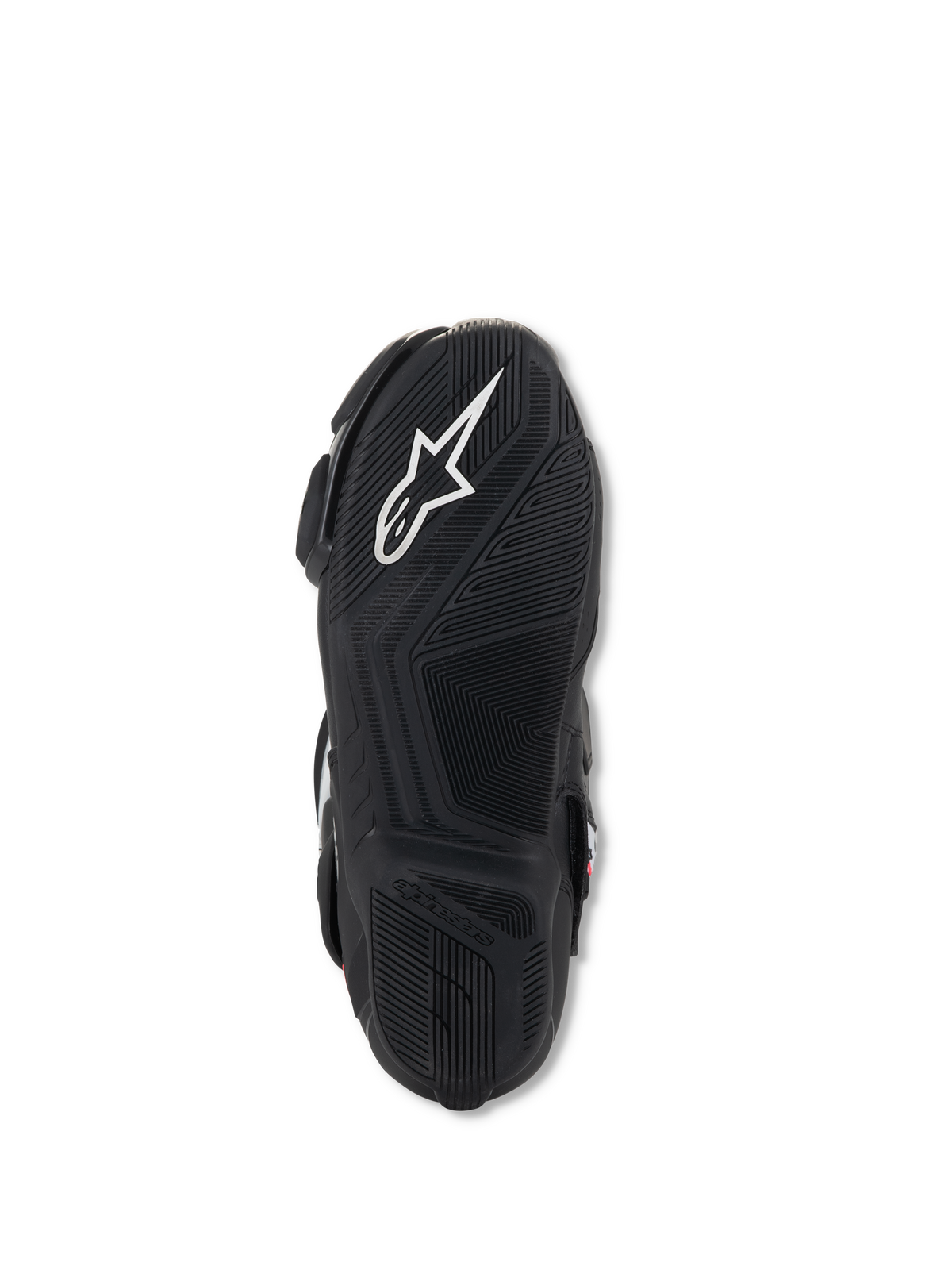 Alpinestars Stella SMX-6 V3 Stiefel, Sohlenansicht von unten, schwarzes leichtes Gummi mit texturierten Grip-Mustern, weißes Alpinestars-Logo und geprägtes Branding für Traktion und Pedalkontrolle