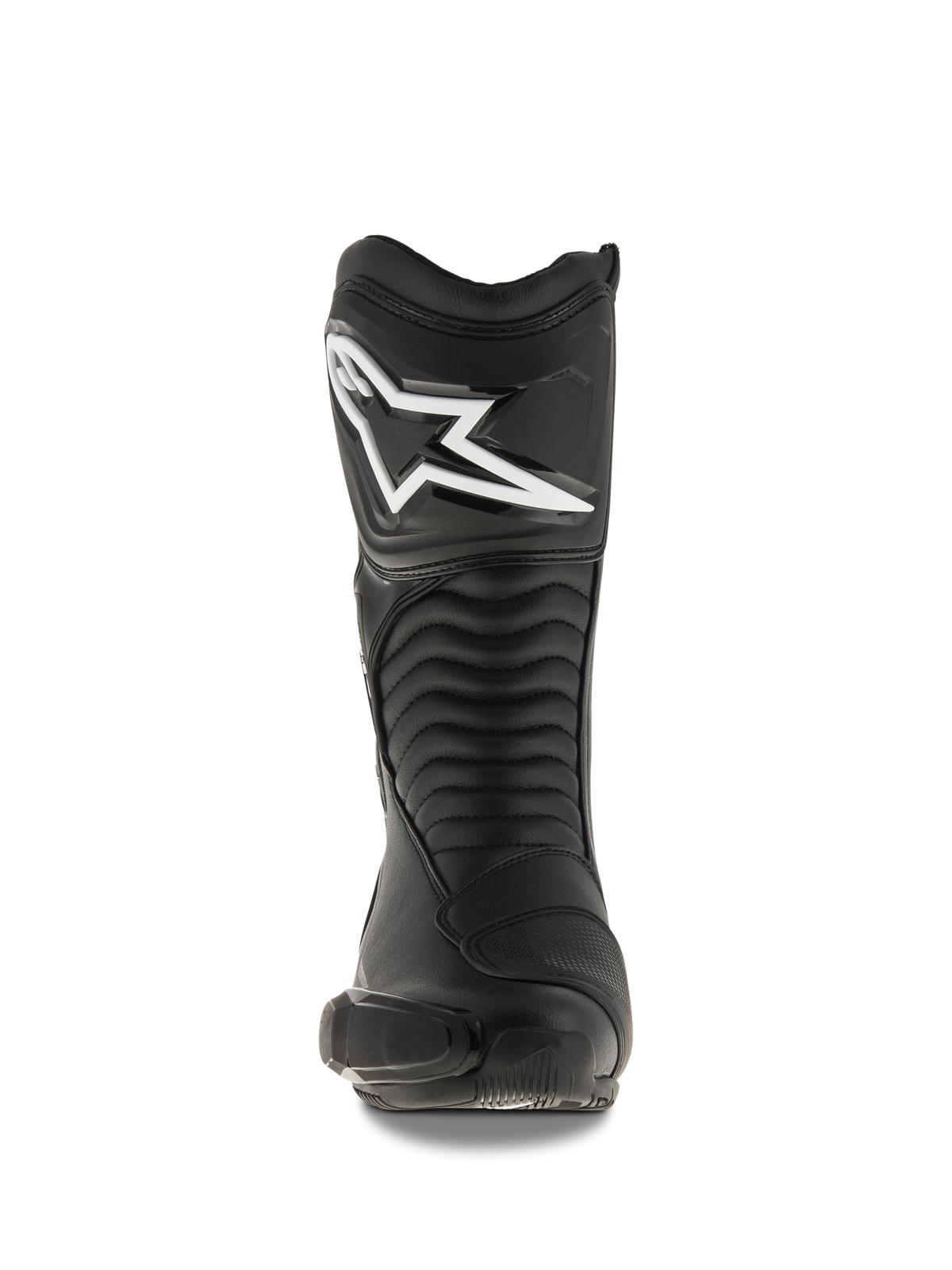 Alpinestars SMX S Stiefel, schwarze Motorradstiefel, Vorderansicht mit großem weißem Alpinestars-Logo auf der Schienbeinplatte, Akkordeon-Flex-Panels und strapazierfähiger Mikrofaser-Konstruktion mit schützenden PU-Schilden