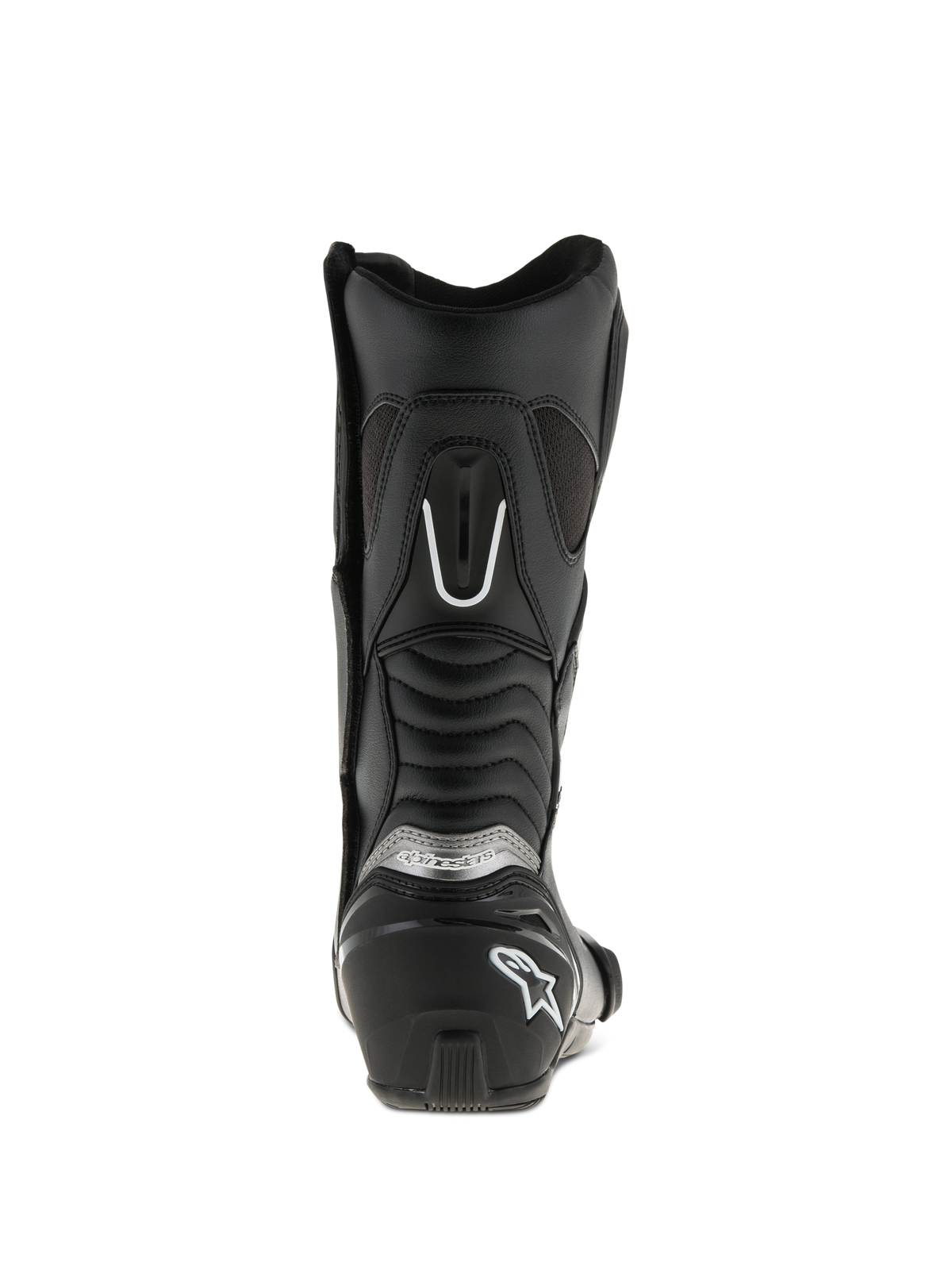 Alpinestars SMX S Stiefel, Schwarz, Rückansicht, mit verstärkter Fersenkappe mit weißem Logo, silbernem Branding und Akkordeon-Flex-Einsätzen für verbesserte Bewegungsfreiheit und Schutz