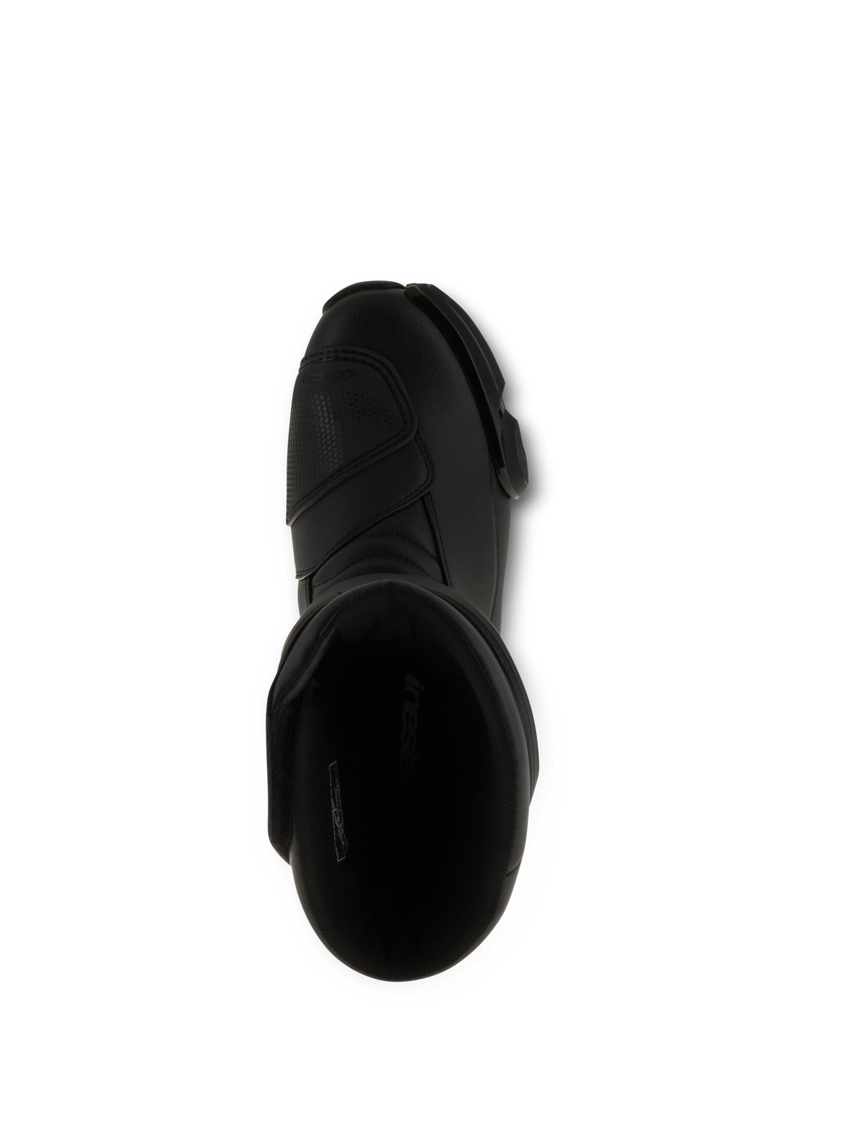 Alpinestars SMX S Stiefel, schwarze Motorradstiefel, Draufsicht mit Blick in die Einstiegsöffnung, komplett schwarze Mikrofaser-Konstruktion mit verstärkter Schaltauflage und ergonomischem Schutzdesign