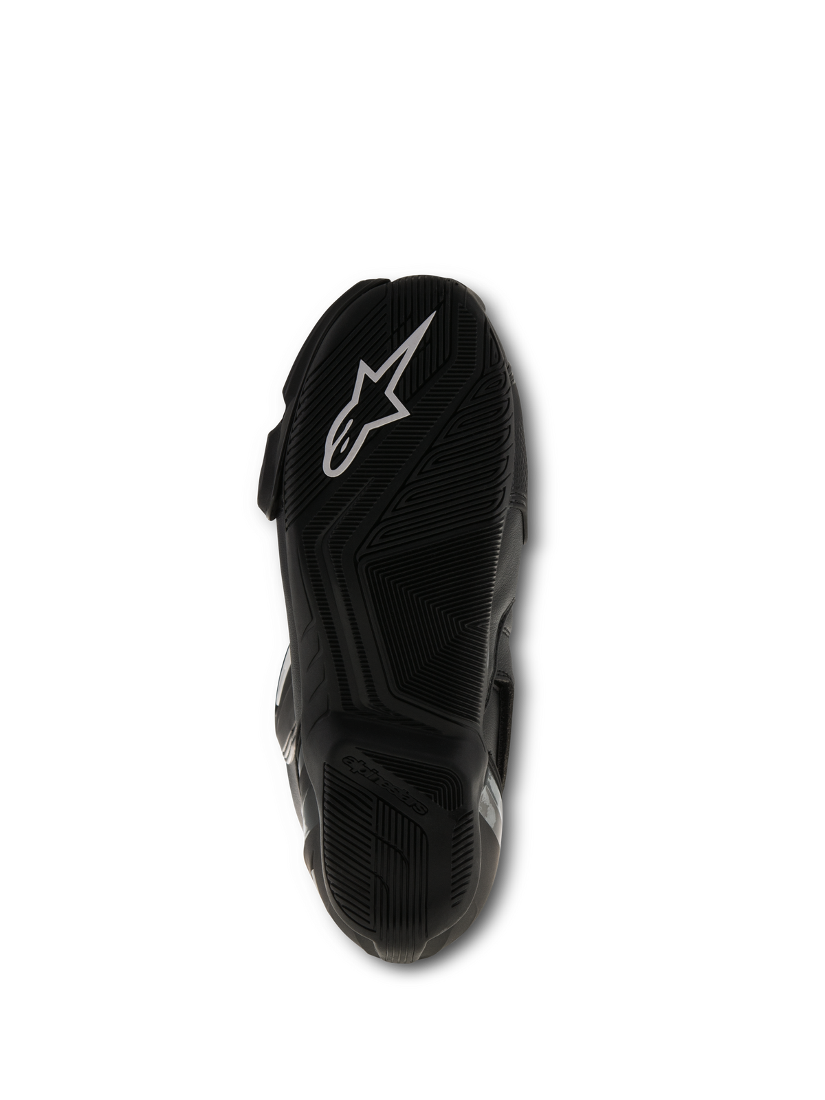 Alpinestars SMX S Stiefel, Schwarz, Ansicht der Sohlenunterseite mit strukturierter Gummimischung und weißem Alpinestars-Logo, Performance-Motorradrennstiefel