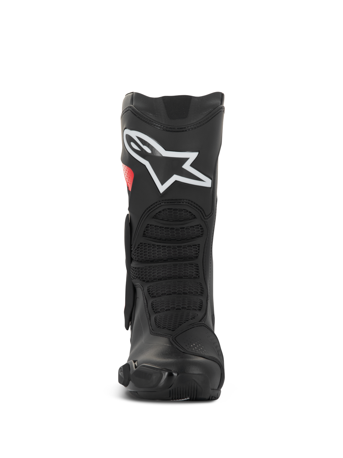 Alpinestars SMX-6 V3 Drystar® Stiefel, Performance-Motorradstiefel, Schwarz und Rot, Frontansicht mit großem weißem Logo am Schienbein, strukturierten vorderen Flexzonen und schlankem Schutzdesign