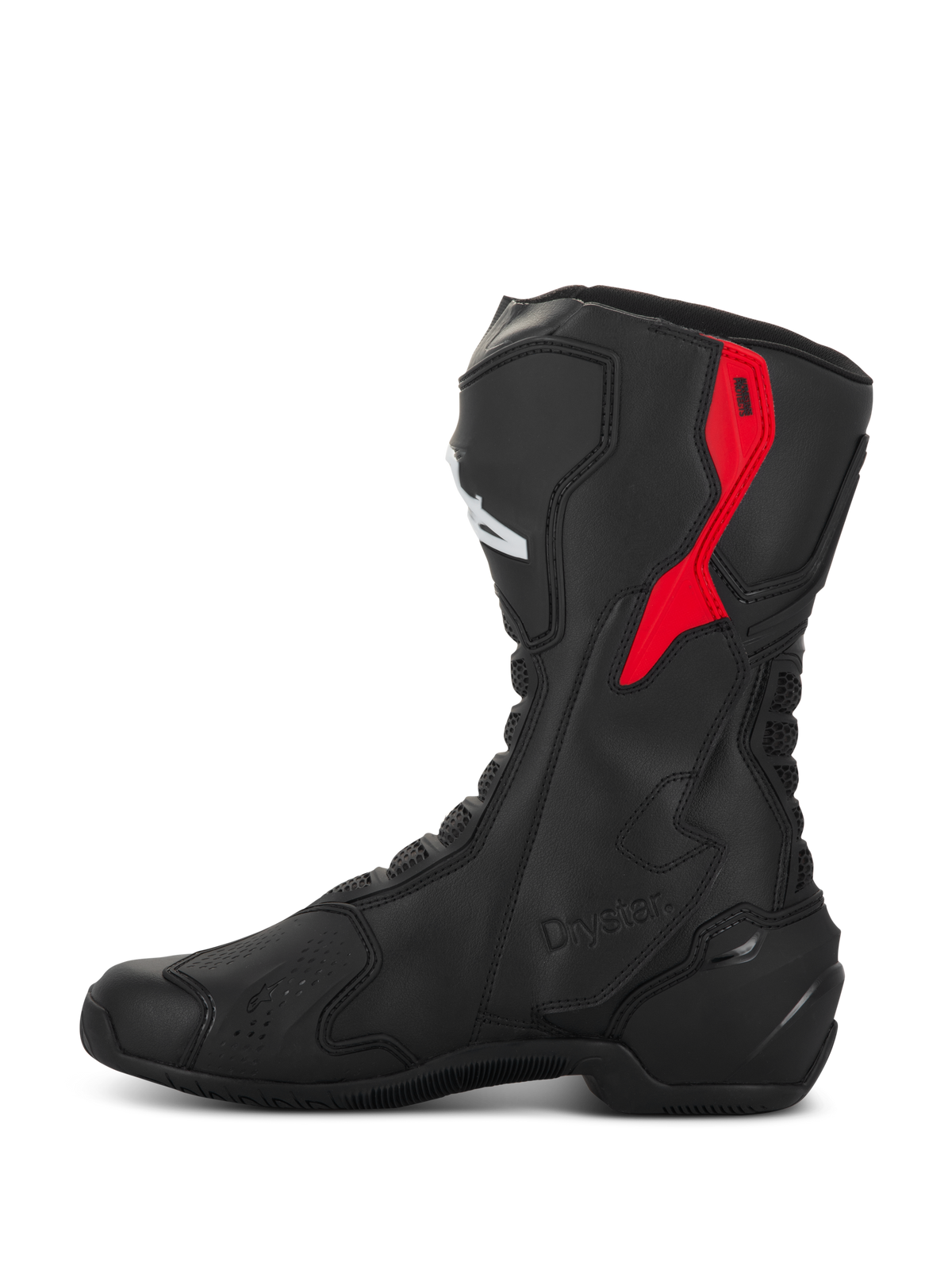Alpinestars SMX-6 V3 Drystar Stiefel, Performance-Motorradstiefel, Schwarz und Rot, mit einem roten TPU-Wadenprotektor oben, geprägtem Drystar-Branding und eleganter Mikrofaser-Konstruktion, Seitenansicht