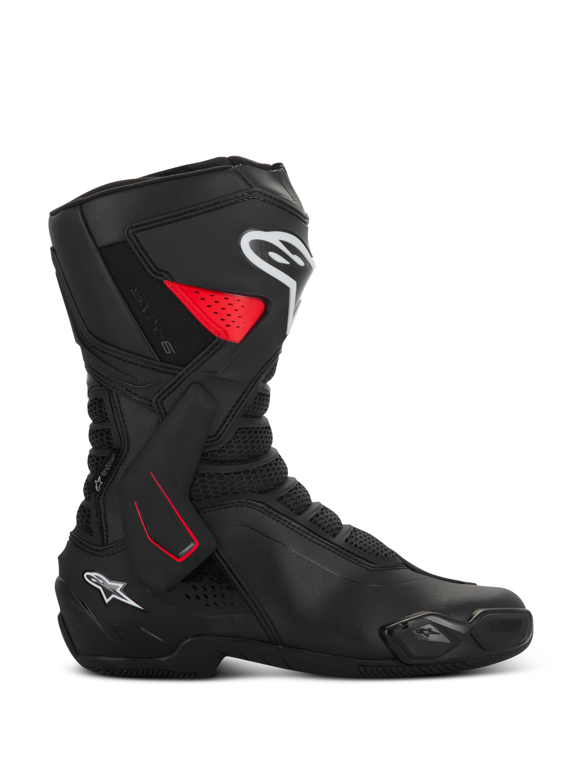 Alpinestars SMX-6 V3 Drystar Stiefel, Motorrad-Sportstiefel, schwarz mit roten und weißen Akzenten, Seitenansicht, wasserdichte Mikrofaser-Konstruktion, seitliche TPU-Knöchelstütze mit roten Details, weiße Logos an Schienbein und Ferse, integrierter Zehenschleifer und Mesh-Flexzonen