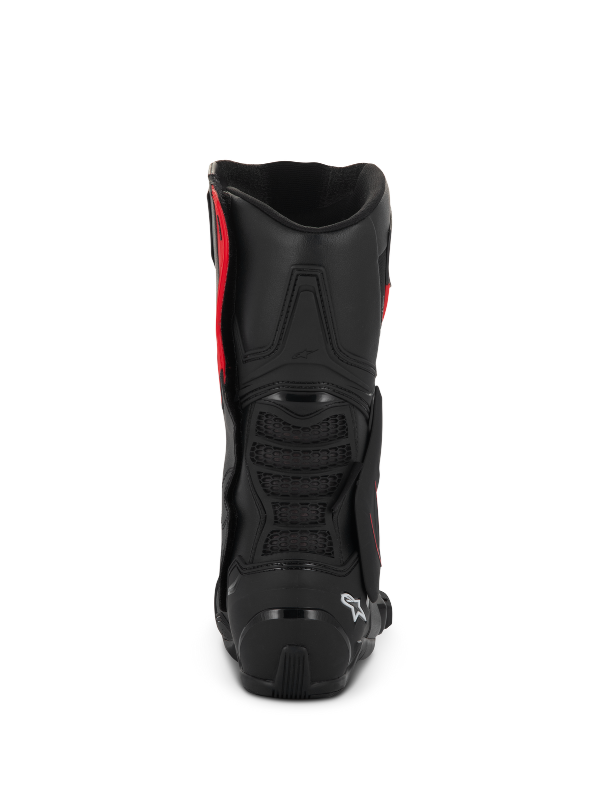 Alpinestars SMX-6 V3 Drystar® Stiefel, Schwarz und Rot, Rückansicht mit TPU-Fersenschale und Wadenschutz, Performance-Motorradstiefel mit wasserdichter Mikrofaser-Konstruktion