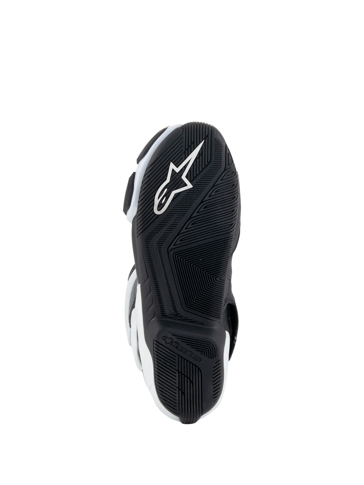Alpinestars Stella SMX-6 V3 Drystar® Boots, Women's Motorcycle Boots, White and Black, sole view featuring a black rubber outsole with a textured grip pattern, integrated white Alpinestars star logo, and heel branding