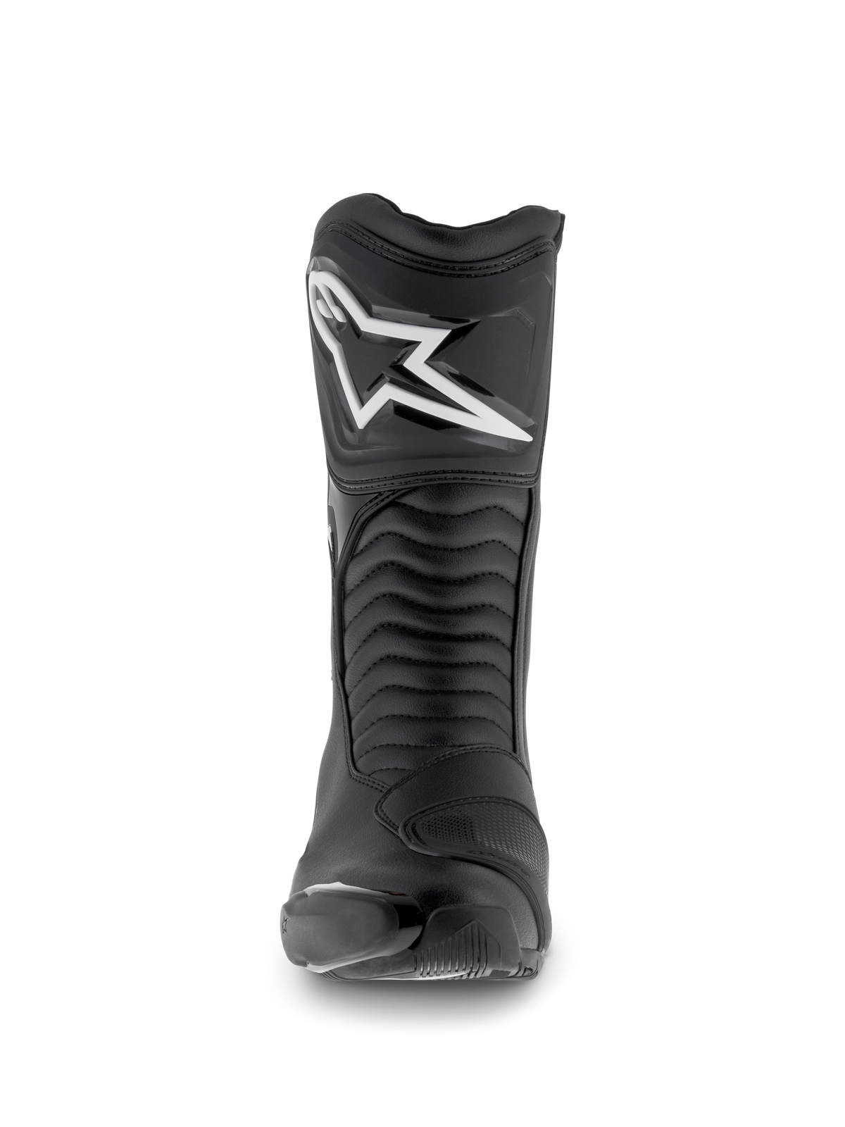 Alpinestars SMX S Waterproof Stiefel, Motorradstiefel, Schwarz, Vorderansicht mit weißem Astar-Logo auf der Schienbeinplatte, Akkordeon-Flex-Einsätzen und strapazierfähiger Mikrofaser-Konstruktion für Sport-Touring.