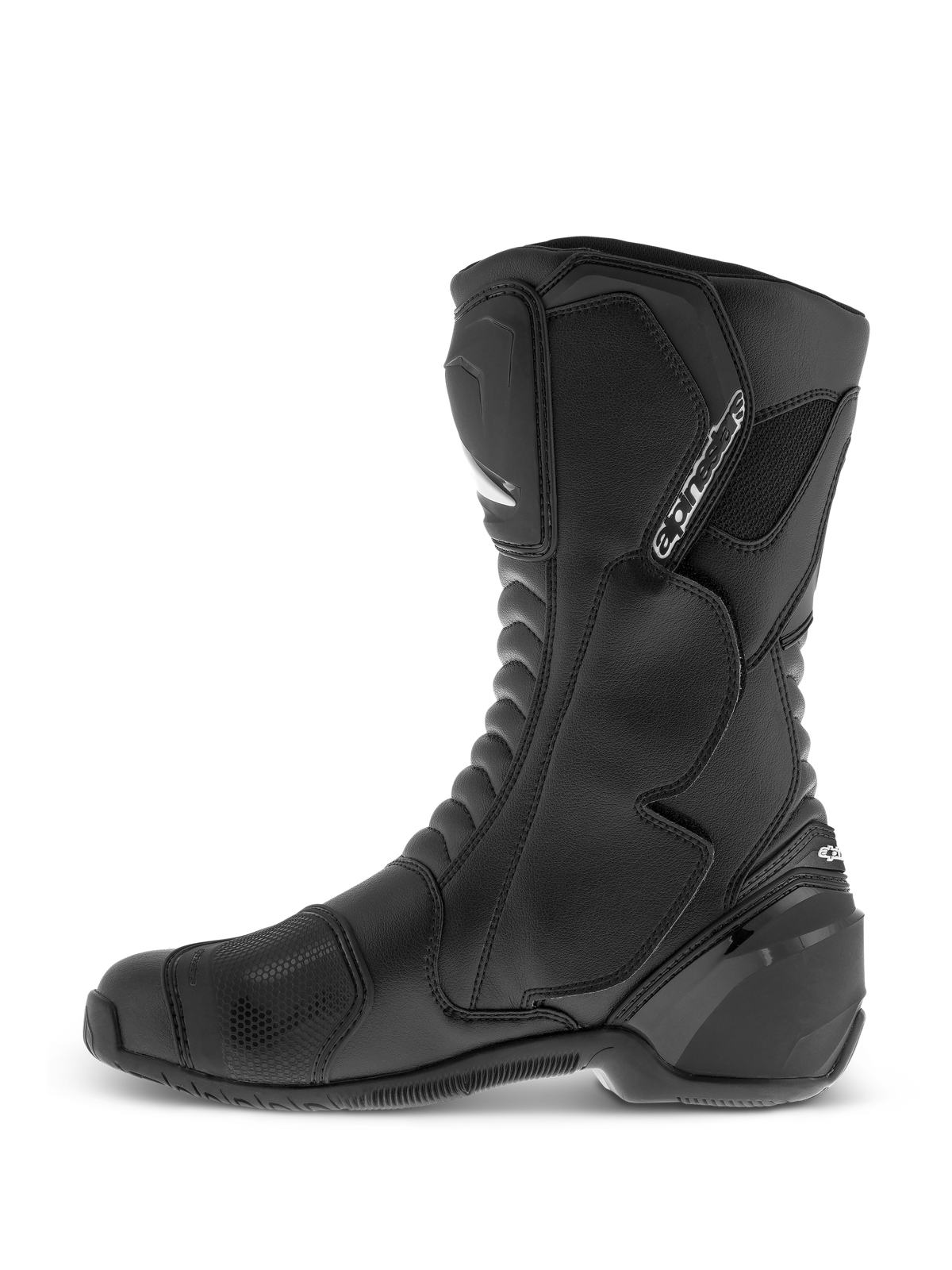 Alpinestars SMX S Wasserdichte Stiefel, Schwarz, hochgeschnittene Motorradstiefel, strapazierfähiges Mikrofaser-Obermaterial, TPU-Schienbein- und Knöchelschutz, strukturierte Schaltverstärkung, Seitenansicht.