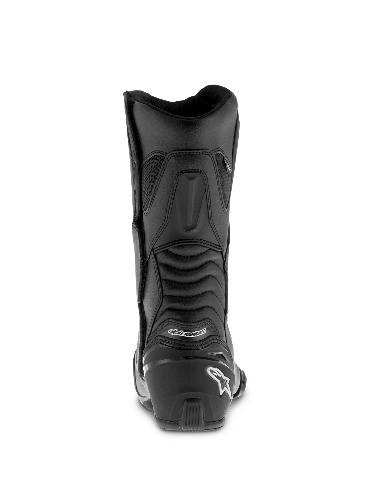 Alpinestars SMX S Waterproof Boots, schwarze Motorradstiefel, Rückansicht mit verstärkter Fersenkappe und weißem Logo, gerippte Akkordeon-Flex-Zonen für Knöchelbeweglichkeit, strapazierfähige Mikrofaser-Konstruktion für Sport-Touring.